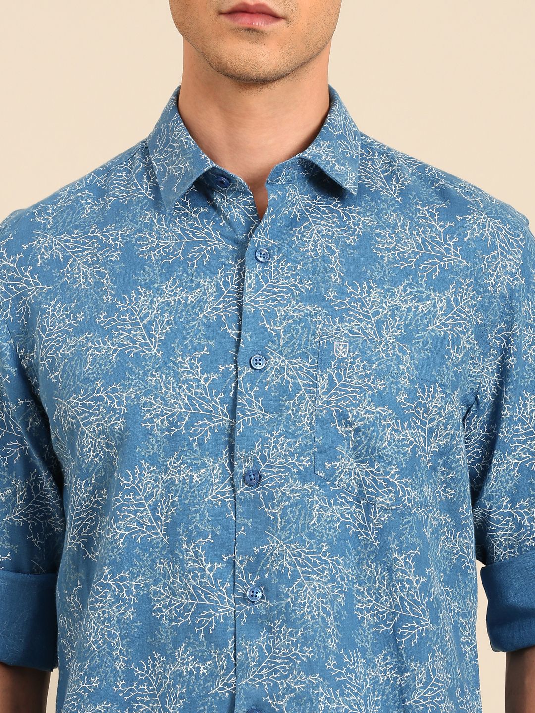 Linen Club Men's Linen Blend Blue Printed Contemporary Fit Full Sleeves Casual Shirt
