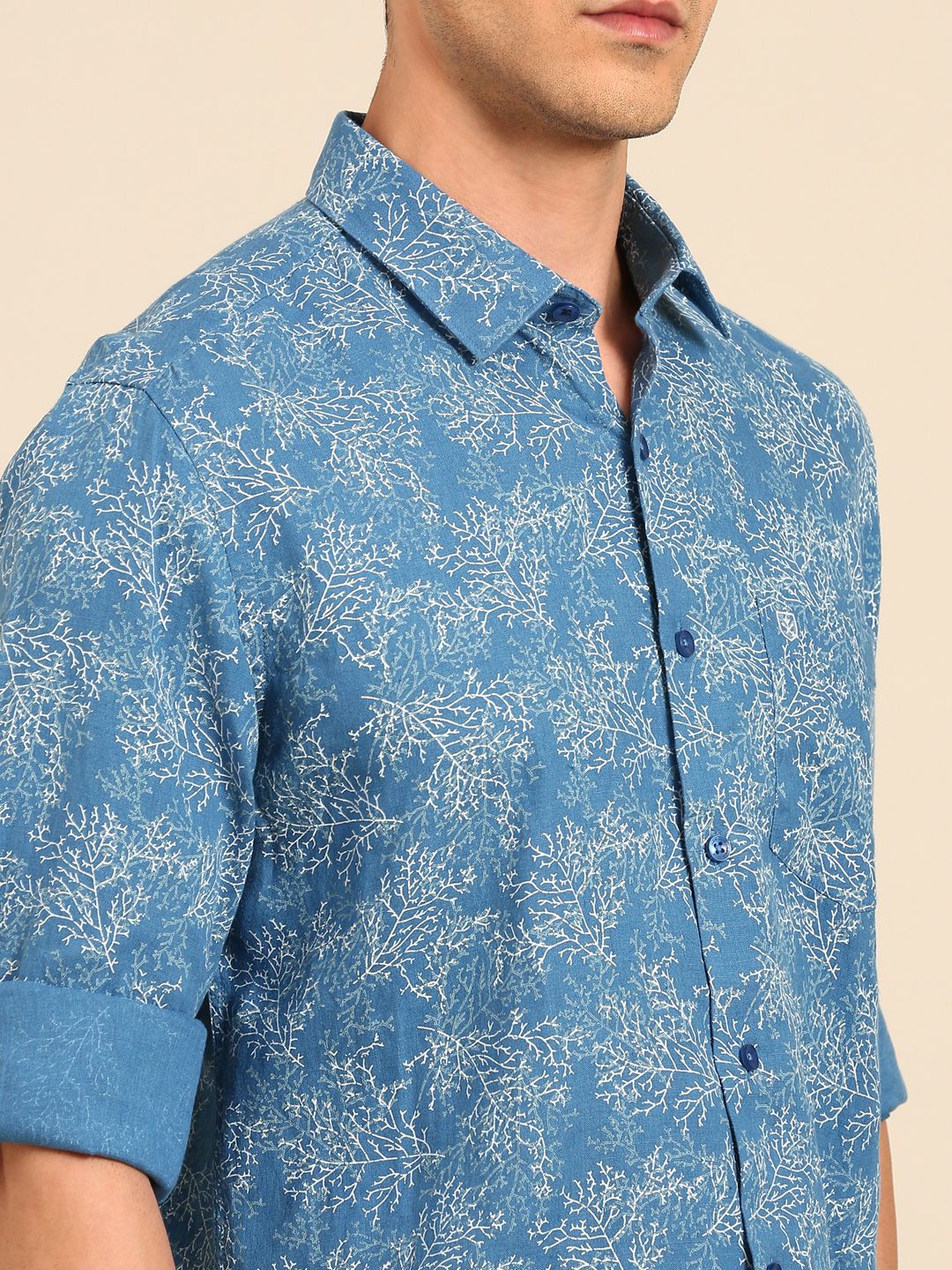 Linen Club Men's Linen Blend Blue Printed Contemporary Fit Full Sleeves Casual Shirt