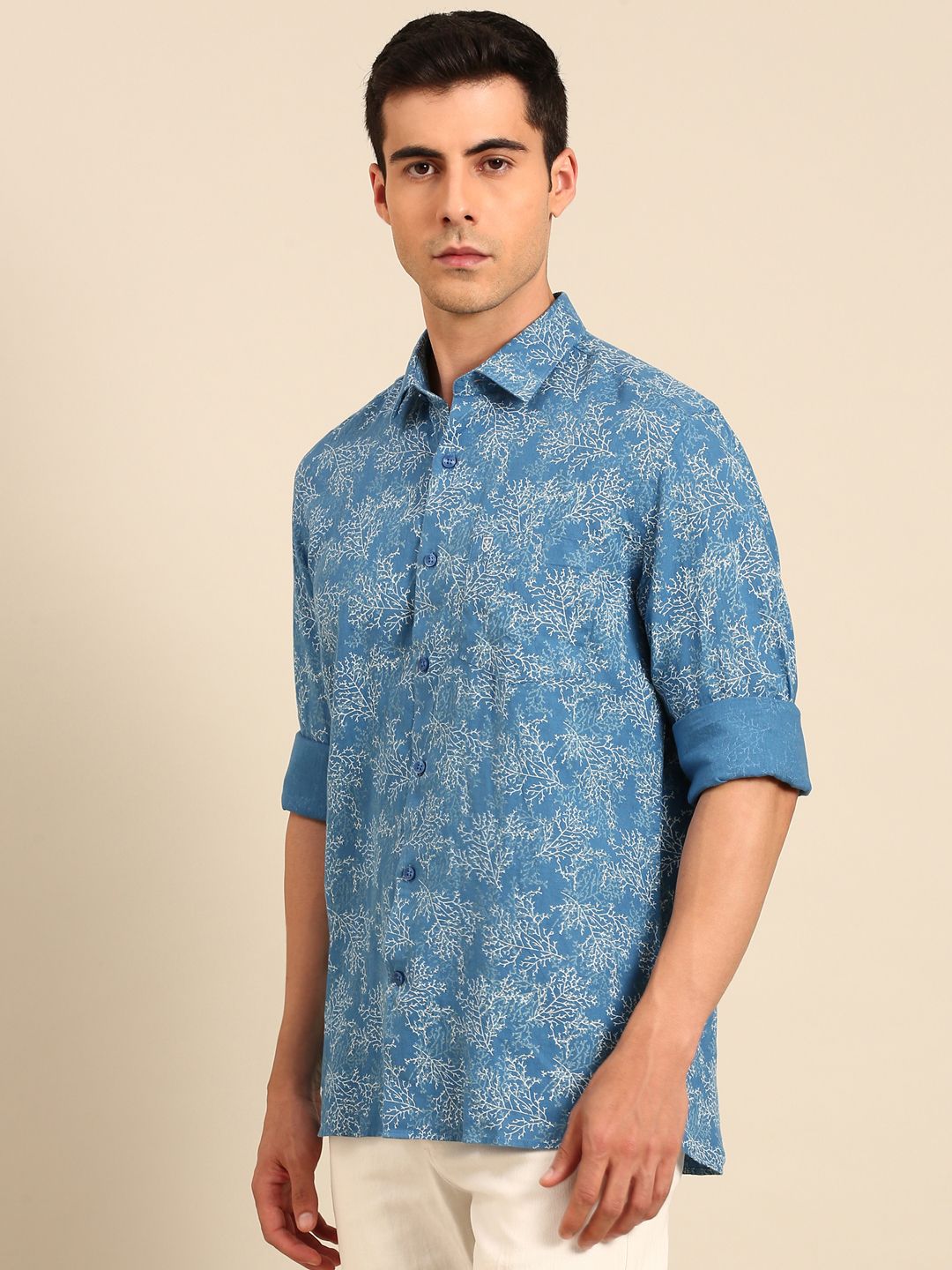 Linen Club Men's Linen Blend Blue Printed Contemporary Fit Full Sleeves Casual Shirt