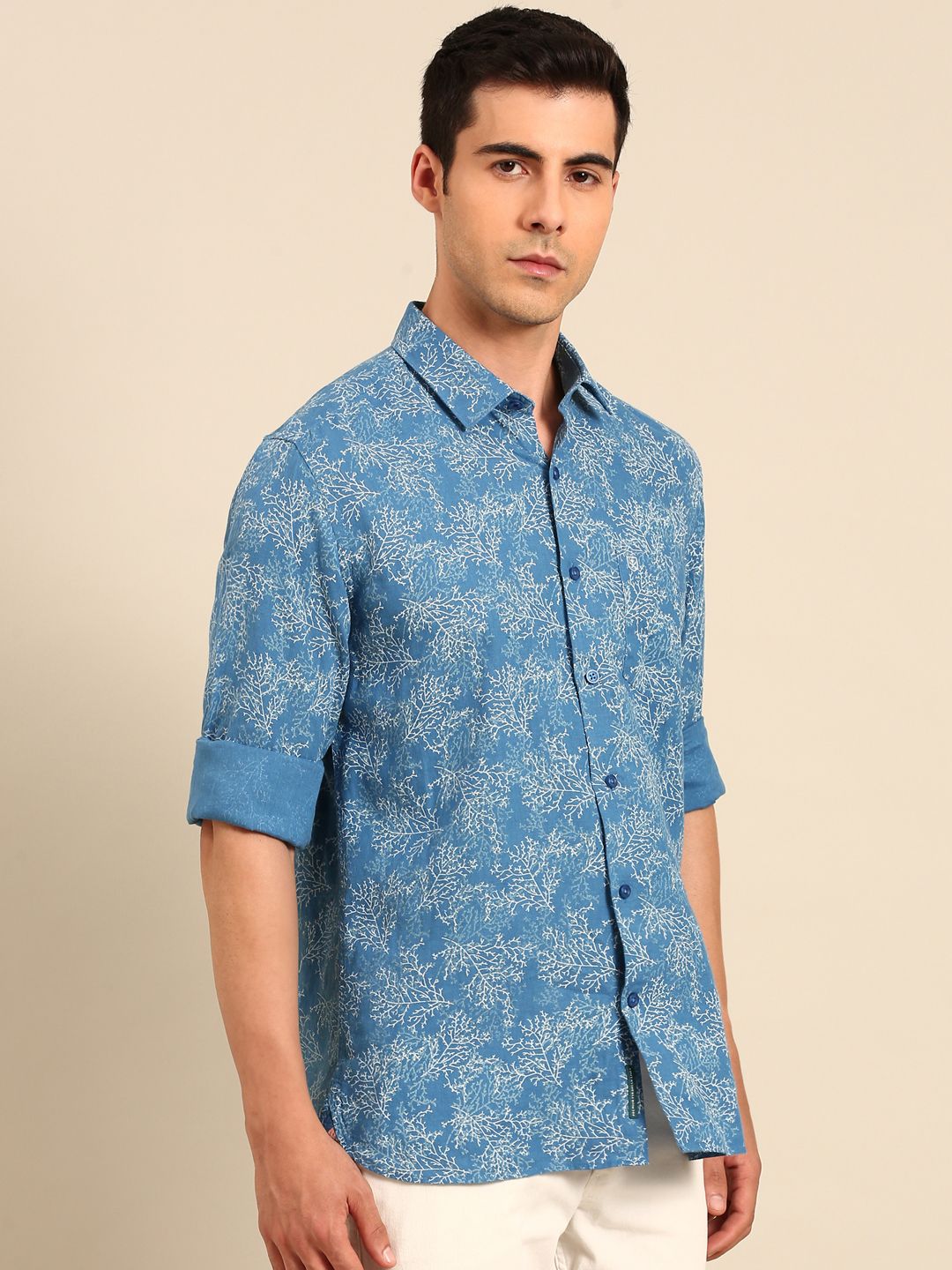 Linen Club Men's Linen Blend Blue Printed Contemporary Fit Full Sleeves Casual Shirt