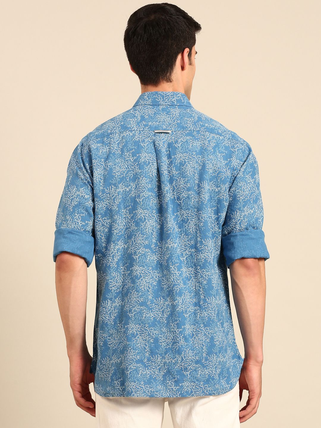 Linen Club Men's Linen Blend Blue Printed Contemporary Fit Full Sleeves Casual Shirt