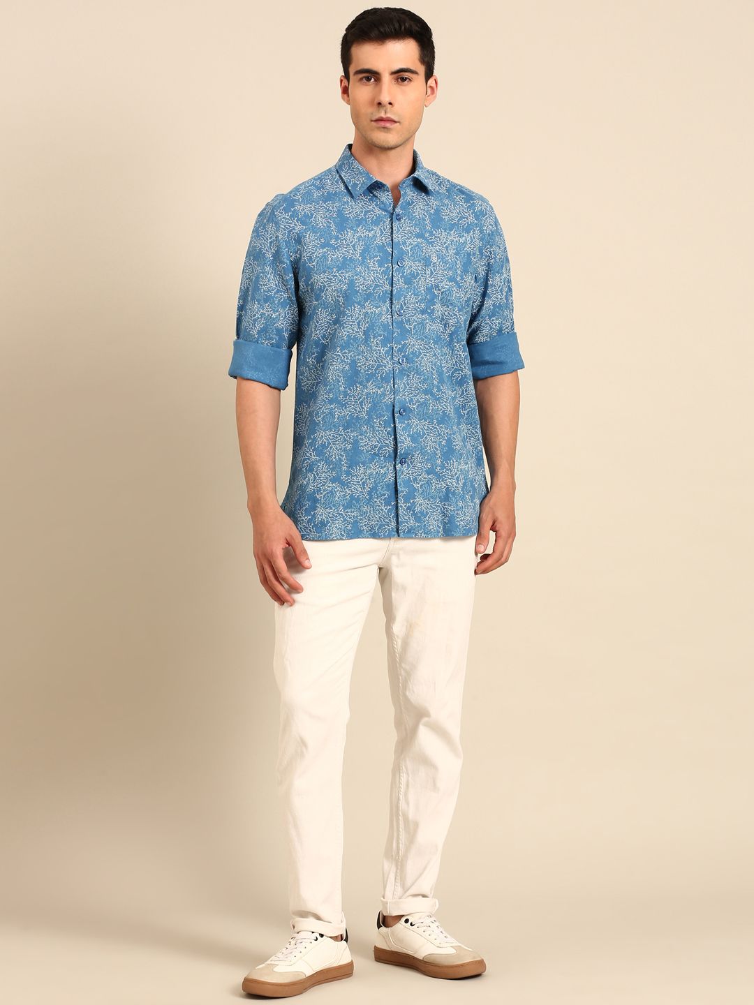 Linen Club Men's Linen Blend Blue Printed Contemporary Fit Full Sleeves Casual Shirt