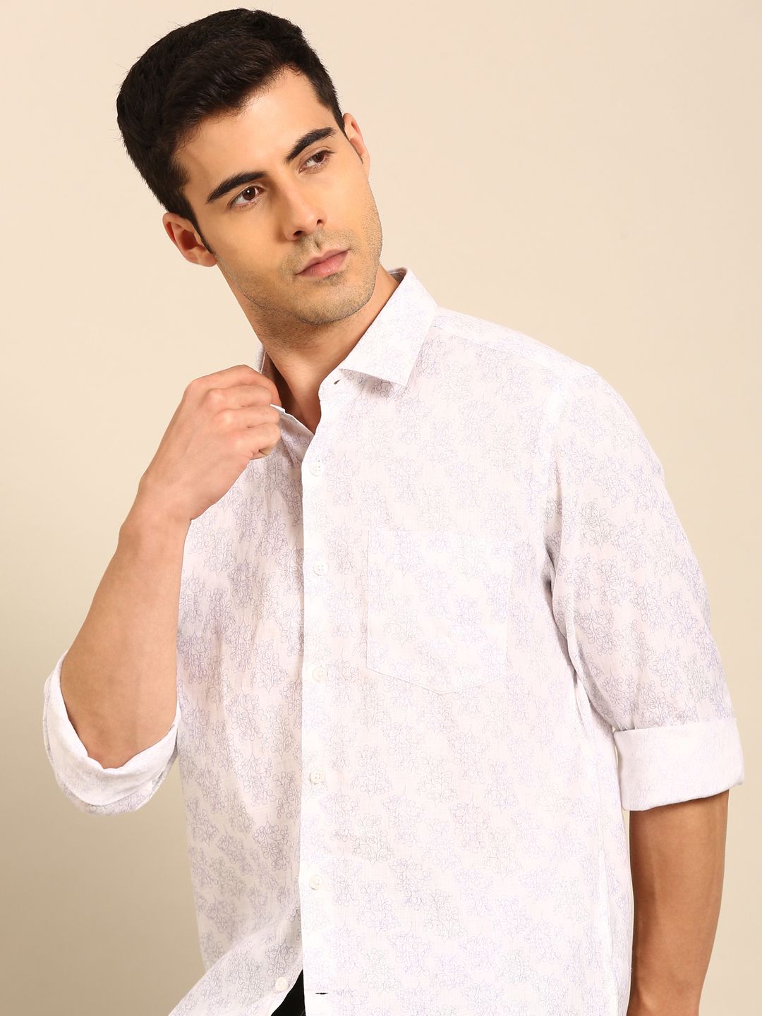 Linen Club Men's Linen Blend Purple Printed Contemporary Fit Full Sleeves Casual Shirt