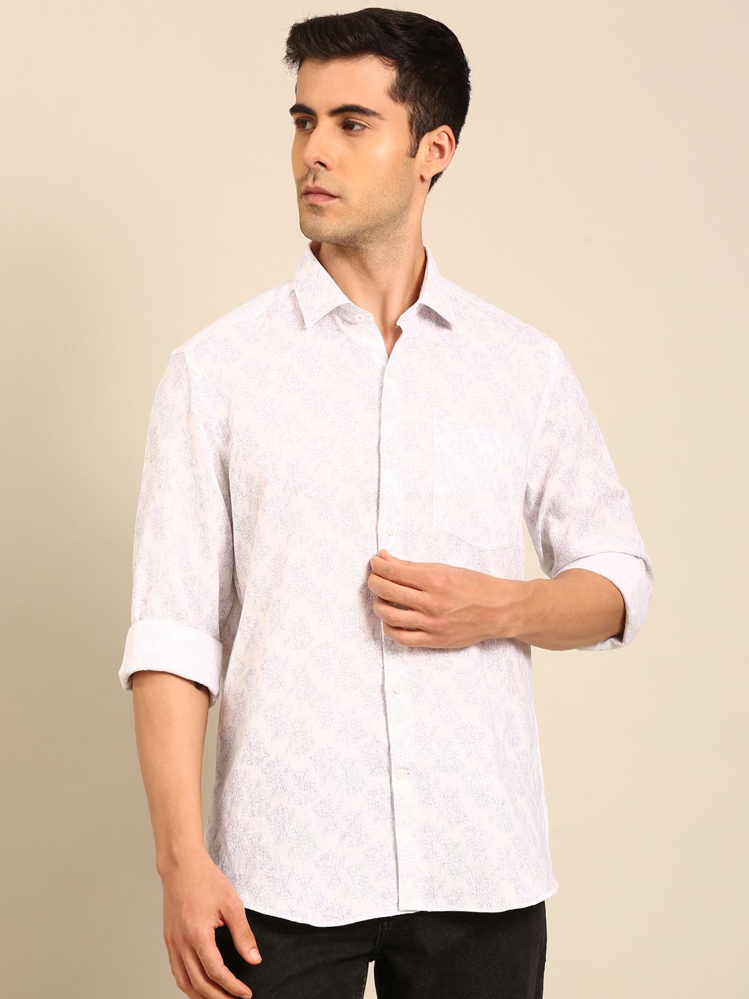 Linen Club Men's Linen Blend Purple Printed Contemporary Fit Full Sleeves Casual Shirt