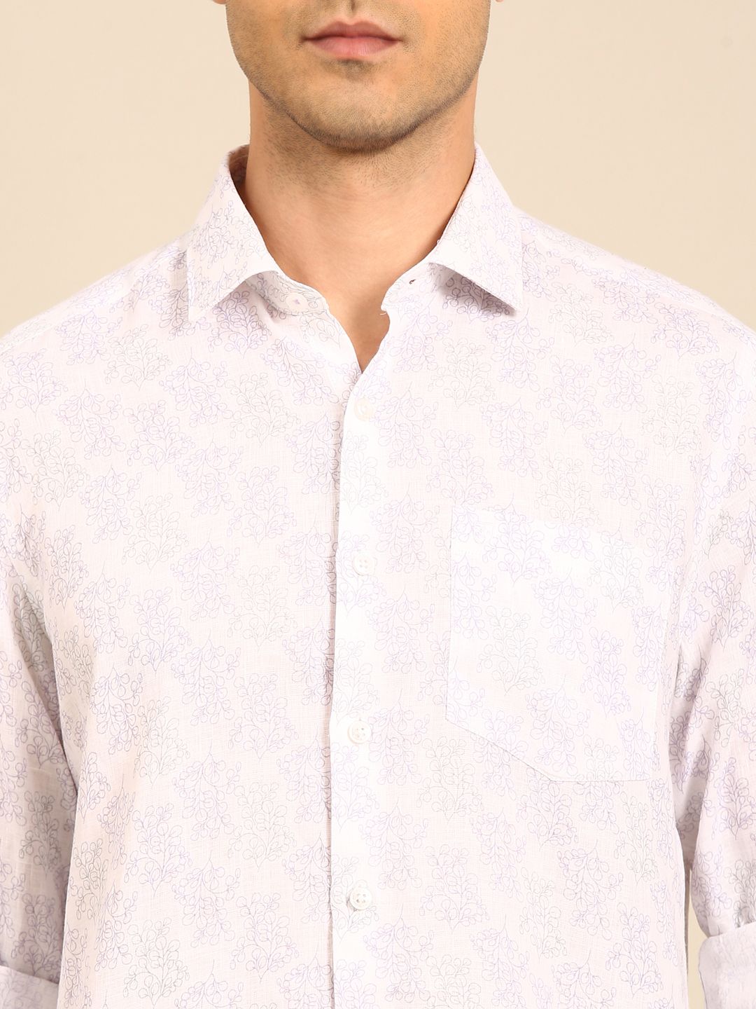 Linen Club Men's Linen Blend Purple Printed Contemporary Fit Full Sleeves Casual Shirt