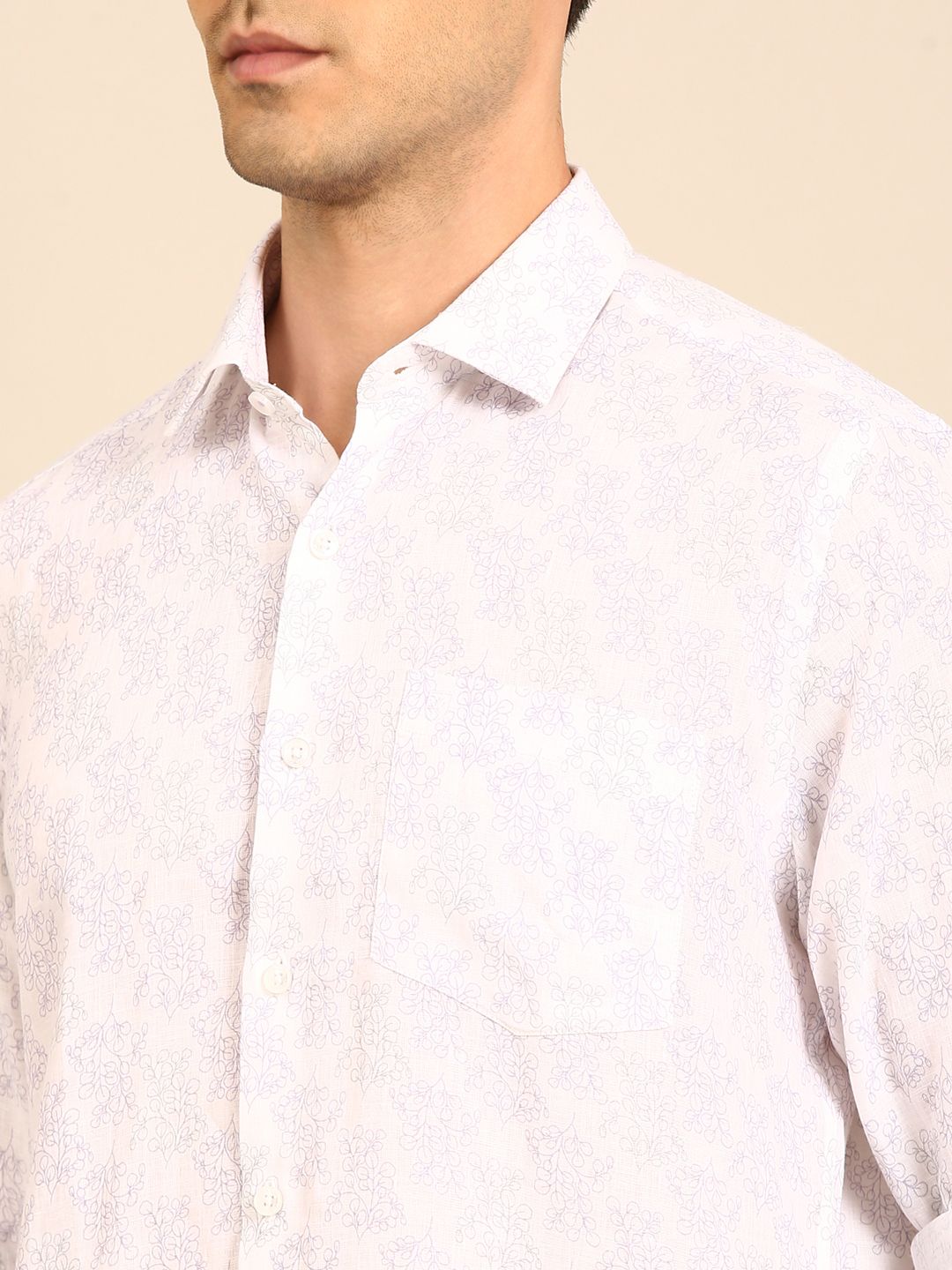 Linen Club Men's Linen Blend Purple Printed Contemporary Fit Full Sleeves Casual Shirt