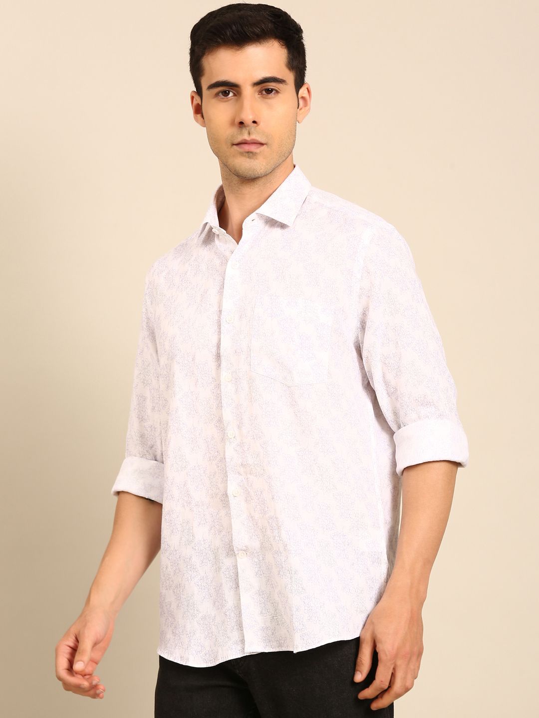 Linen Club Men's Linen Blend Purple Printed Contemporary Fit Full Sleeves Casual Shirt