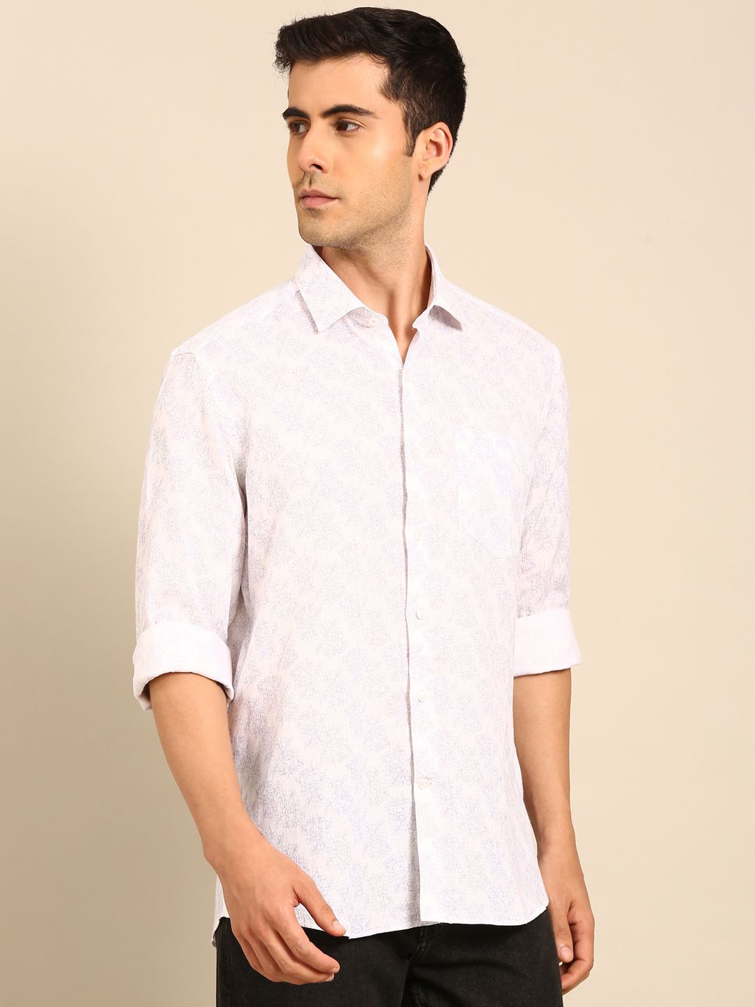 Linen Club Men's Linen Blend Purple Printed Contemporary Fit Full Sleeves Casual Shirt