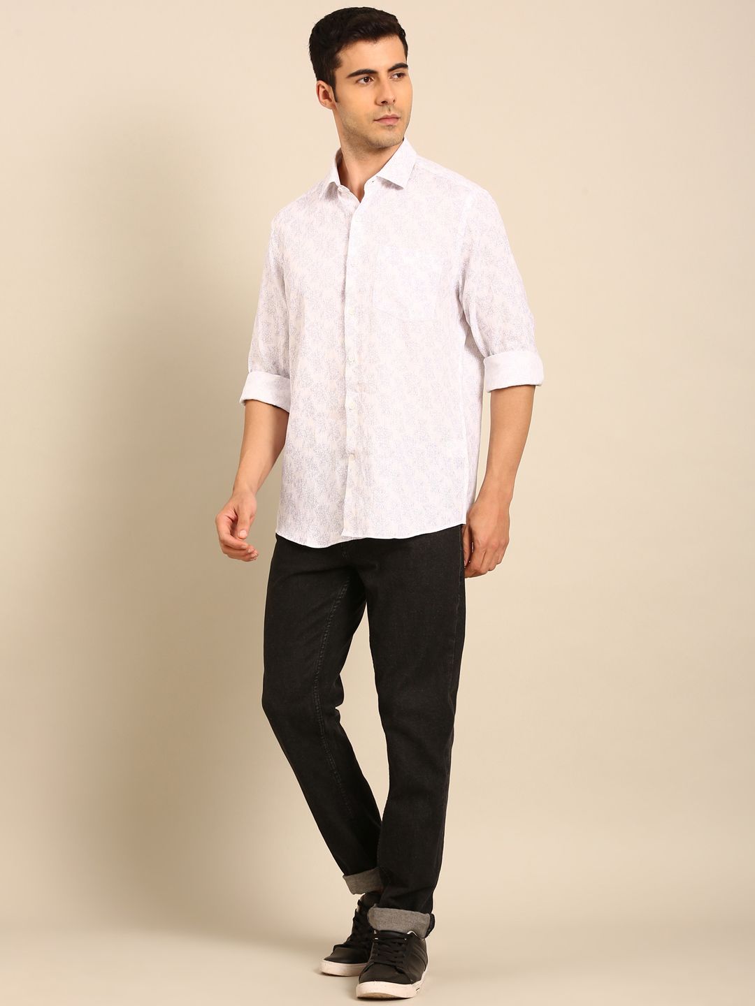 Linen Club Men's Linen Blend Purple Printed Contemporary Fit Full Sleeves Casual Shirt