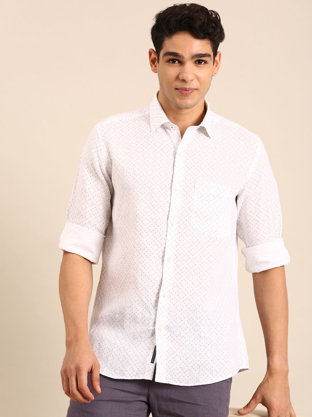Linen Club Men's Linen Blend White Micro-Geometric Print Contemporary Fit Full Sleeves Casual Shirt