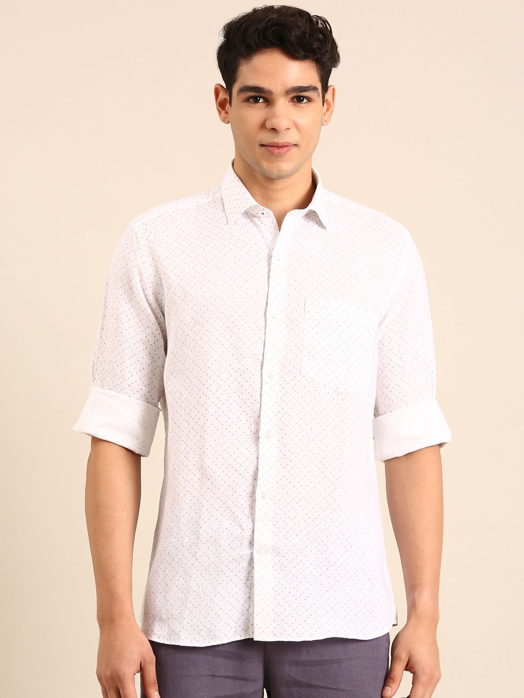 Linen Club Men's Linen Blend White Micro-Geometric Print Contemporary Fit Full Sleeves Casual Shirt