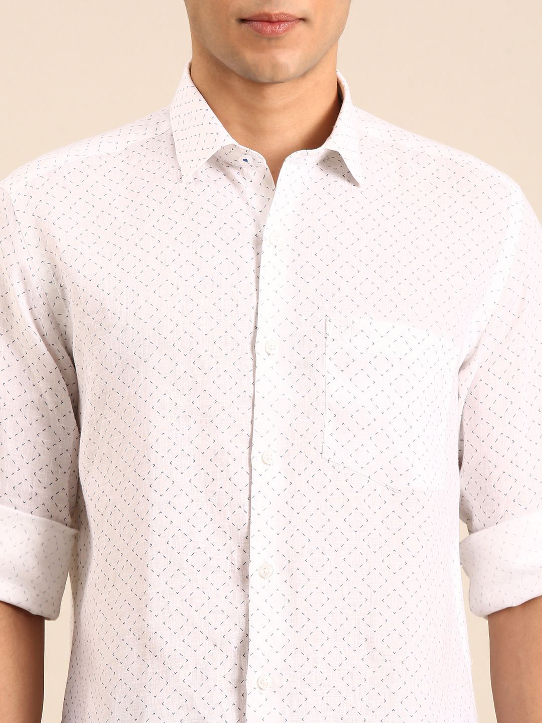 Linen Club Men's Linen Blend White Micro-Geometric Print Contemporary Fit Full Sleeves Casual Shirt