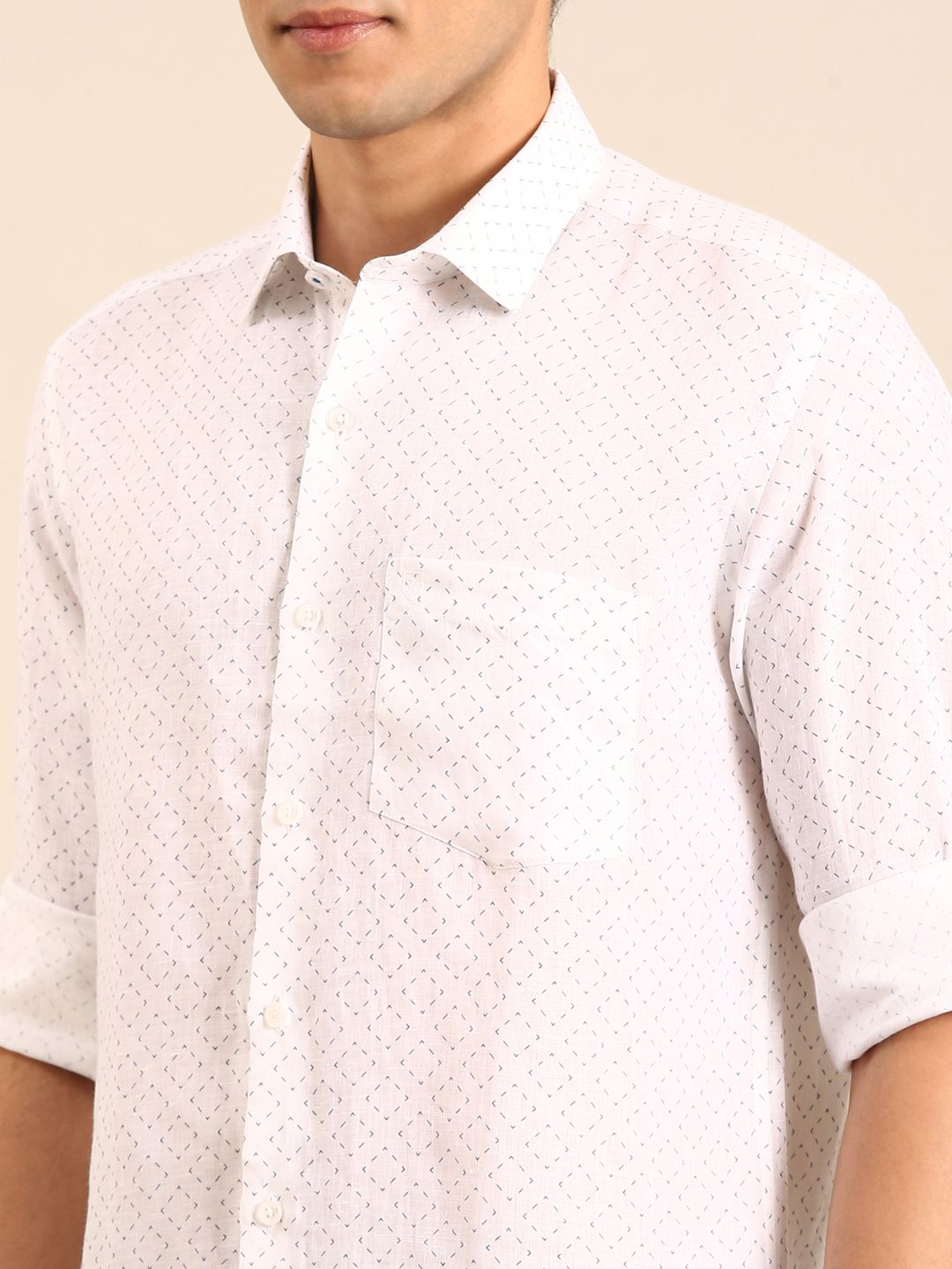 Linen Club Men's Linen Blend White Micro-Geometric Print Contemporary Fit Full Sleeves Casual Shirt