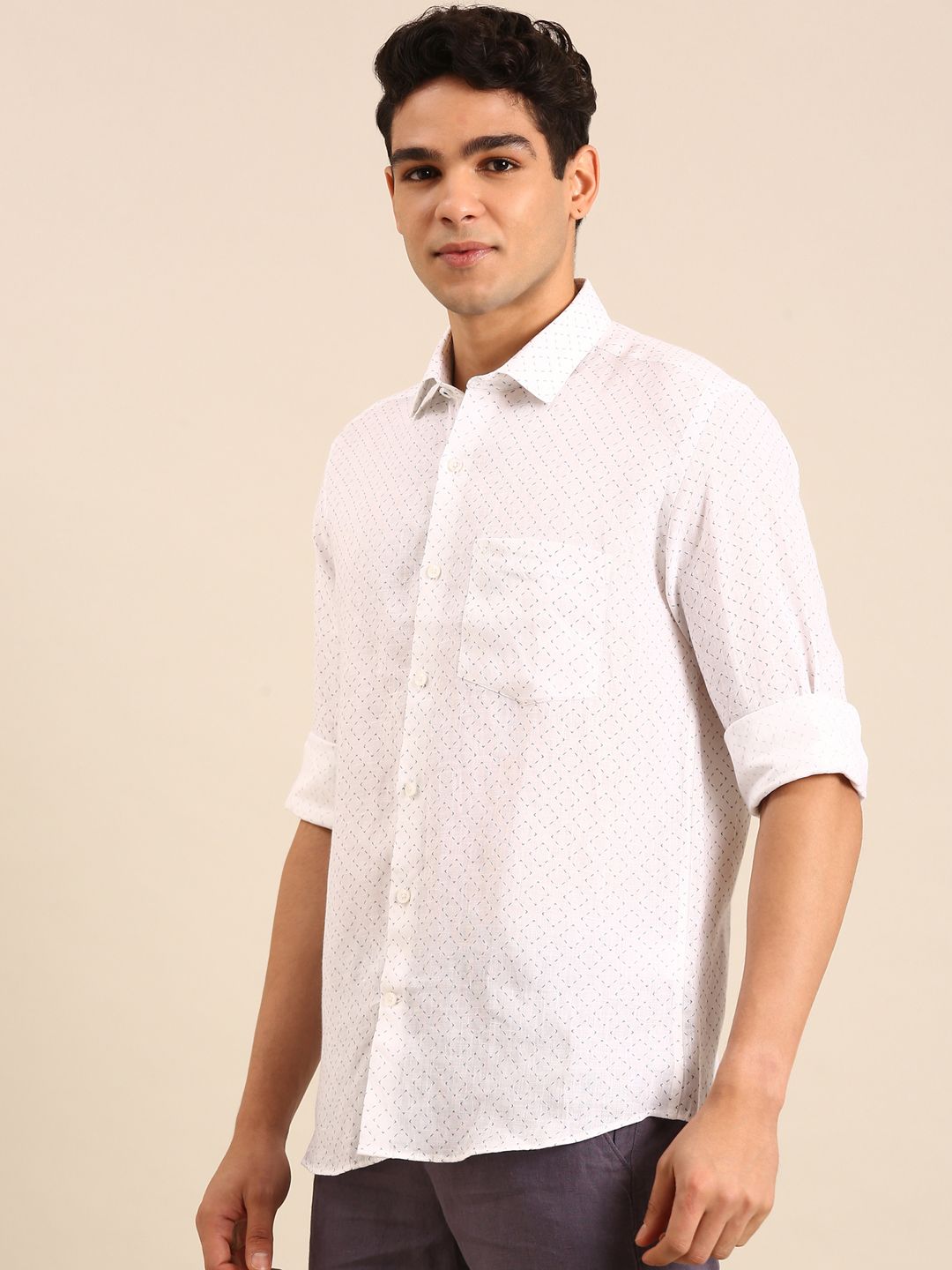 Linen Club Men's Linen Blend White Micro-Geometric Print Contemporary Fit Full Sleeves Casual Shirt