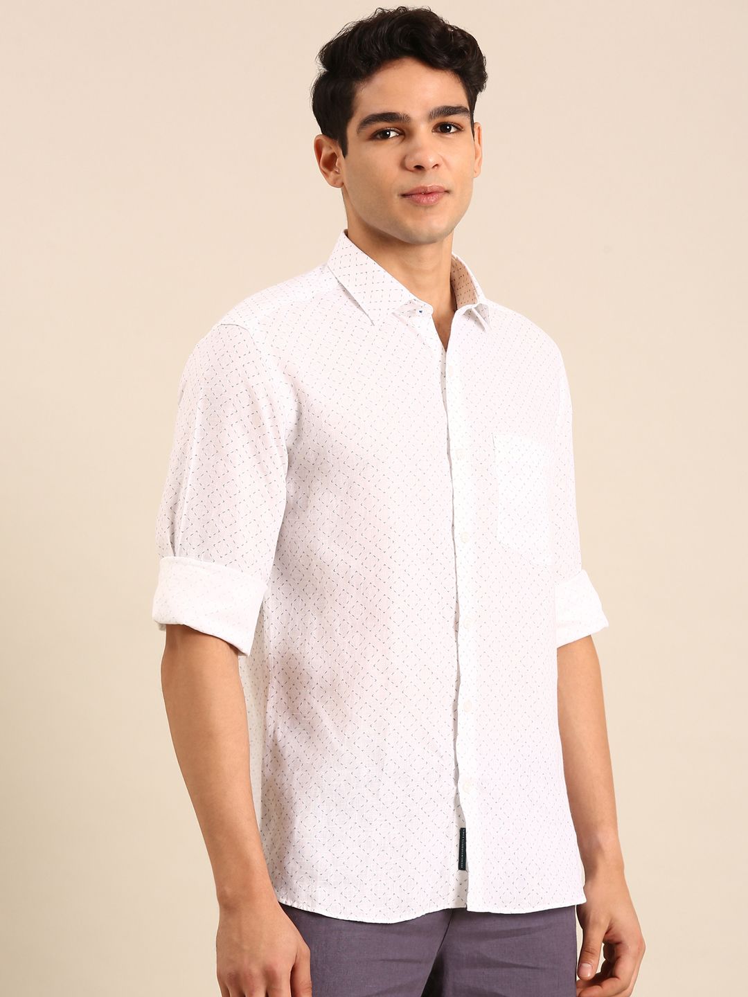 Linen Club Men's Linen Blend White Micro-Geometric Print Contemporary Fit Full Sleeves Casual Shirt