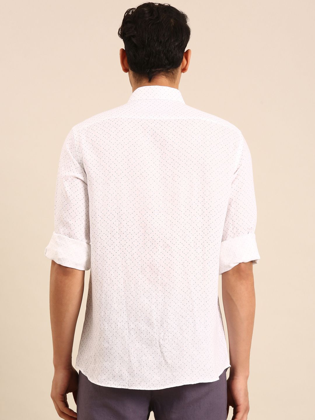 Linen Club Men's Linen Blend White Micro-Geometric Print Contemporary Fit Full Sleeves Casual Shirt
