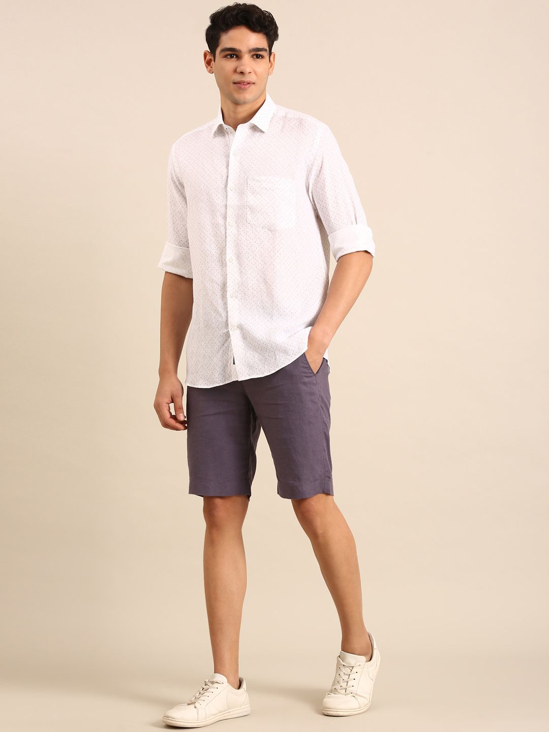 Linen Club Men's Linen Blend White Micro-Geometric Print Contemporary Fit Full Sleeves Casual Shirt
