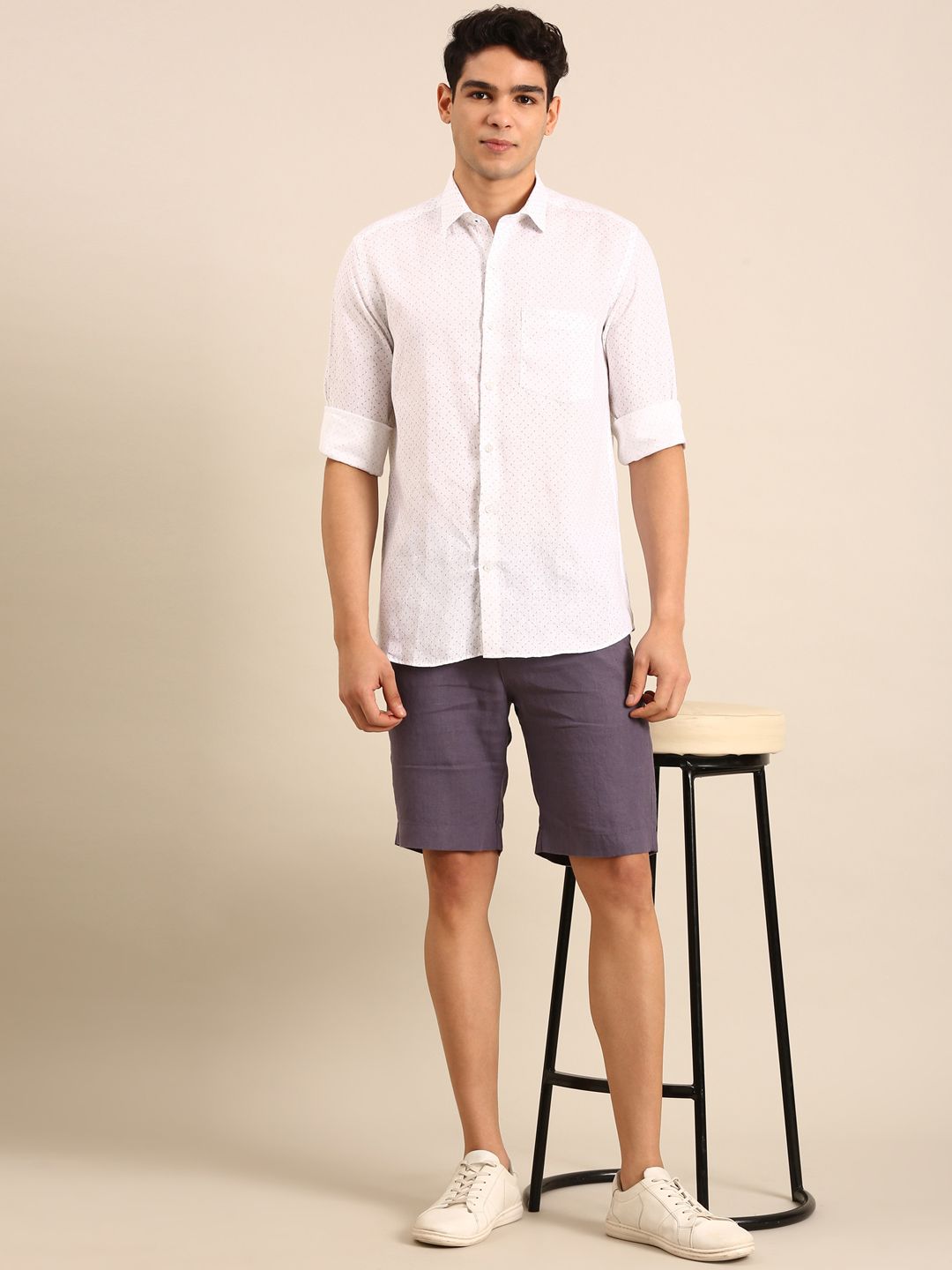 Linen Club Men's Linen Blend White Micro-Geometric Print Contemporary Fit Full Sleeves Casual Shirt