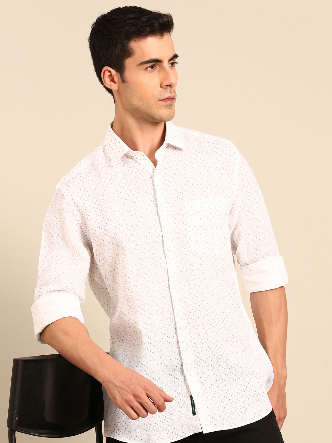Linen Club Men's Linen Blend White Minimalist Micro Printed Contemporary Fit Full Sleeves Casual Shirt