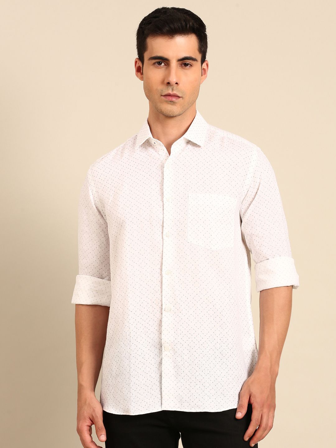 Linen Club Men's Linen Blend White Minimalist Micro Printed Contemporary Fit Full Sleeves Casual Shirt