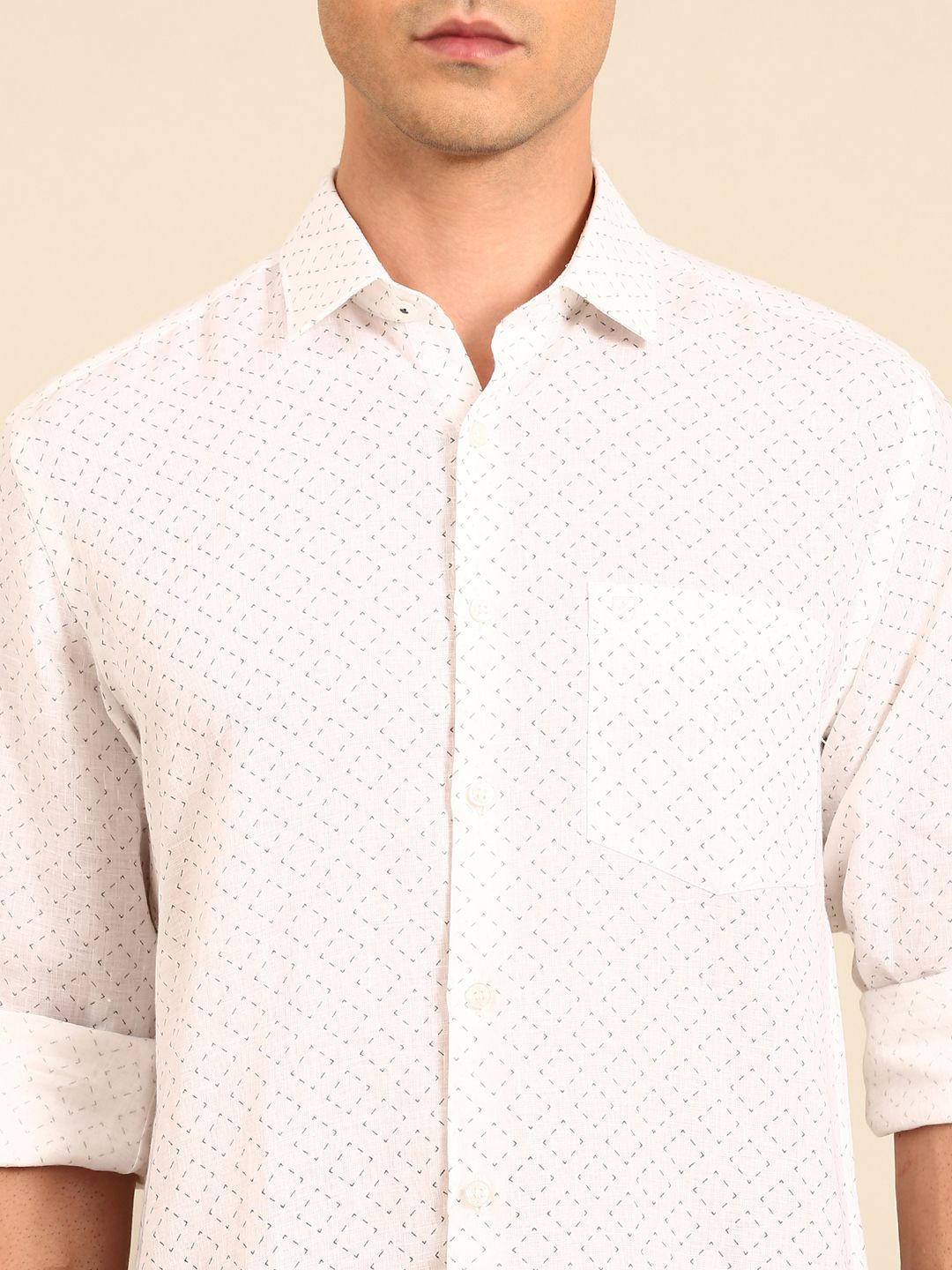Linen Club Men's Linen Blend White Minimalist Micro Printed Contemporary Fit Full Sleeves Casual Shirt