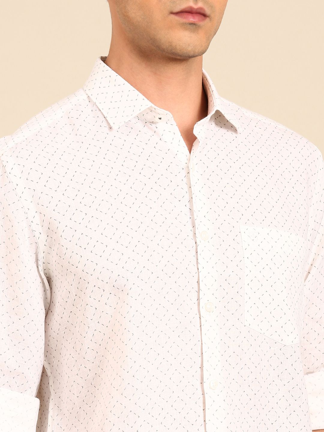 Linen Club Men's Linen Blend White Minimalist Micro Printed Contemporary Fit Full Sleeves Casual Shirt