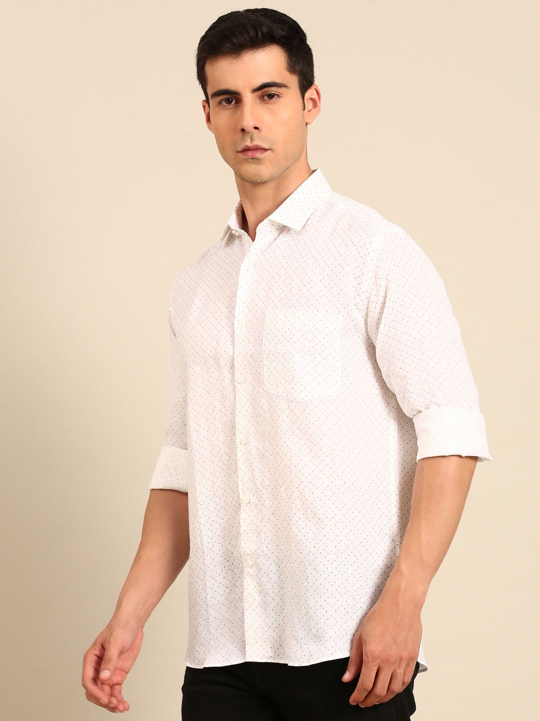 Linen Club Men's Linen Blend White Minimalist Micro Printed Contemporary Fit Full Sleeves Casual Shirt