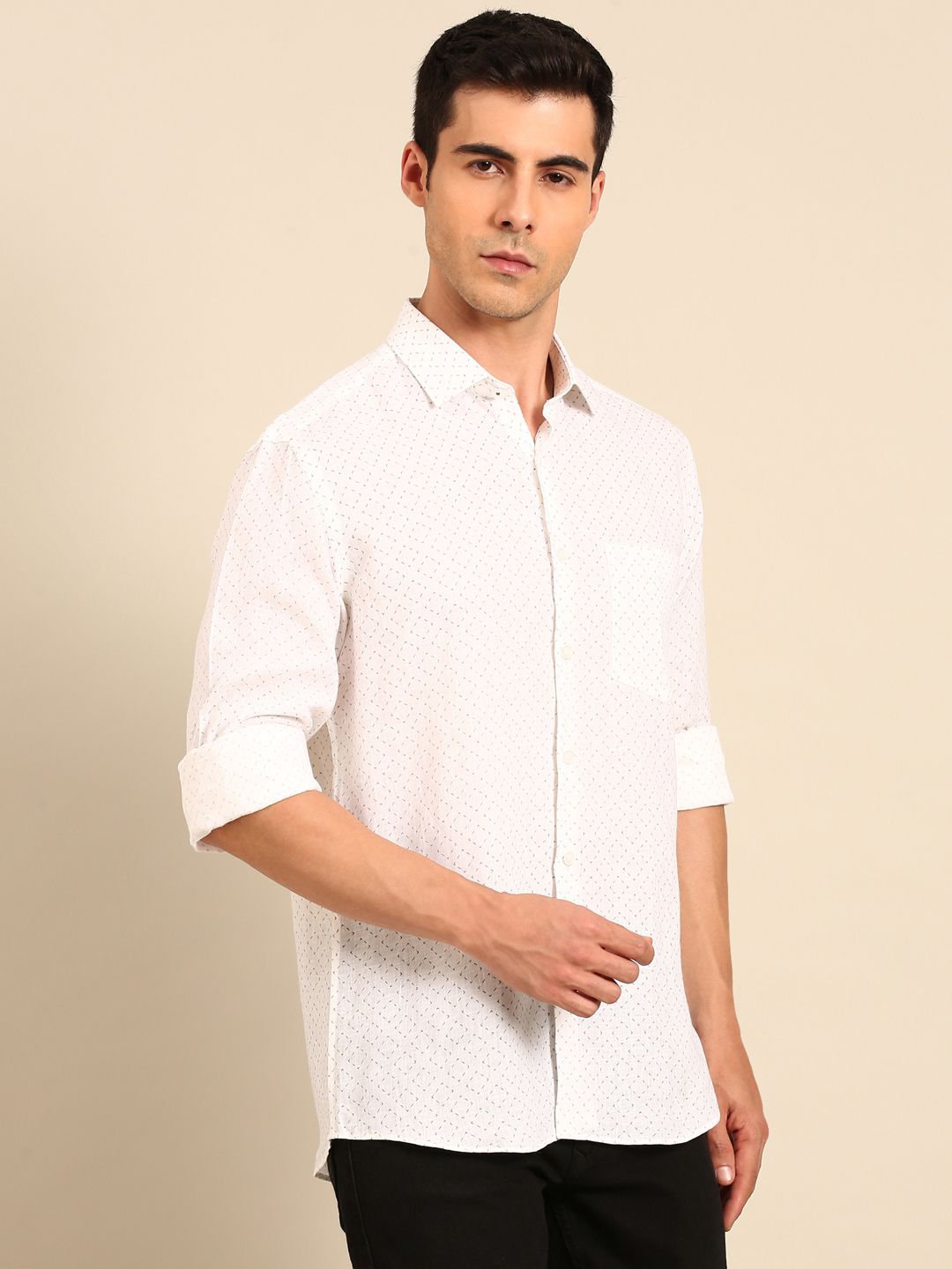 Linen Club Men's Linen Blend White Minimalist Micro Printed Contemporary Fit Full Sleeves Casual Shirt
