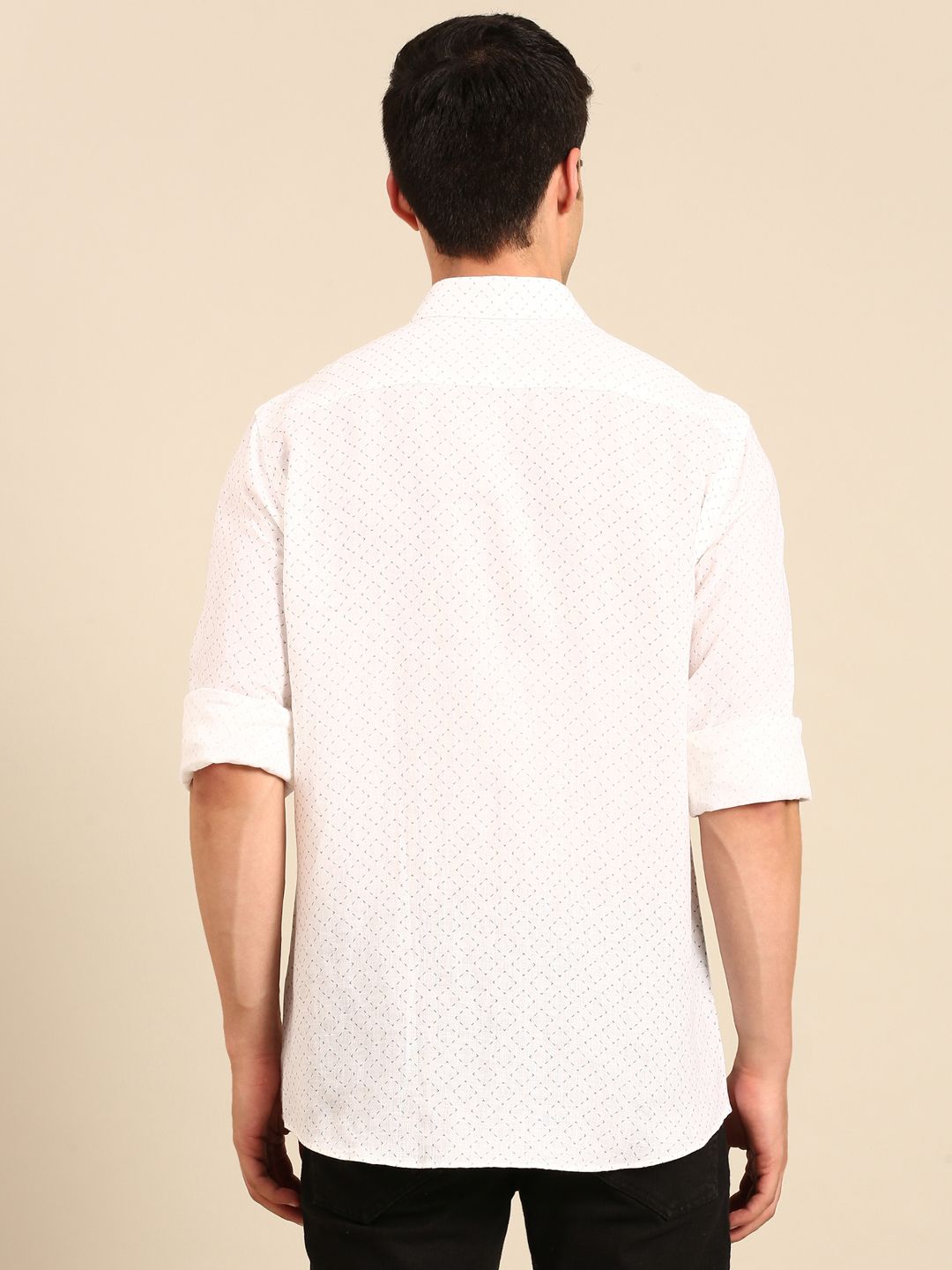 Linen Club Men's Linen Blend White Minimalist Micro Printed Contemporary Fit Full Sleeves Casual Shirt