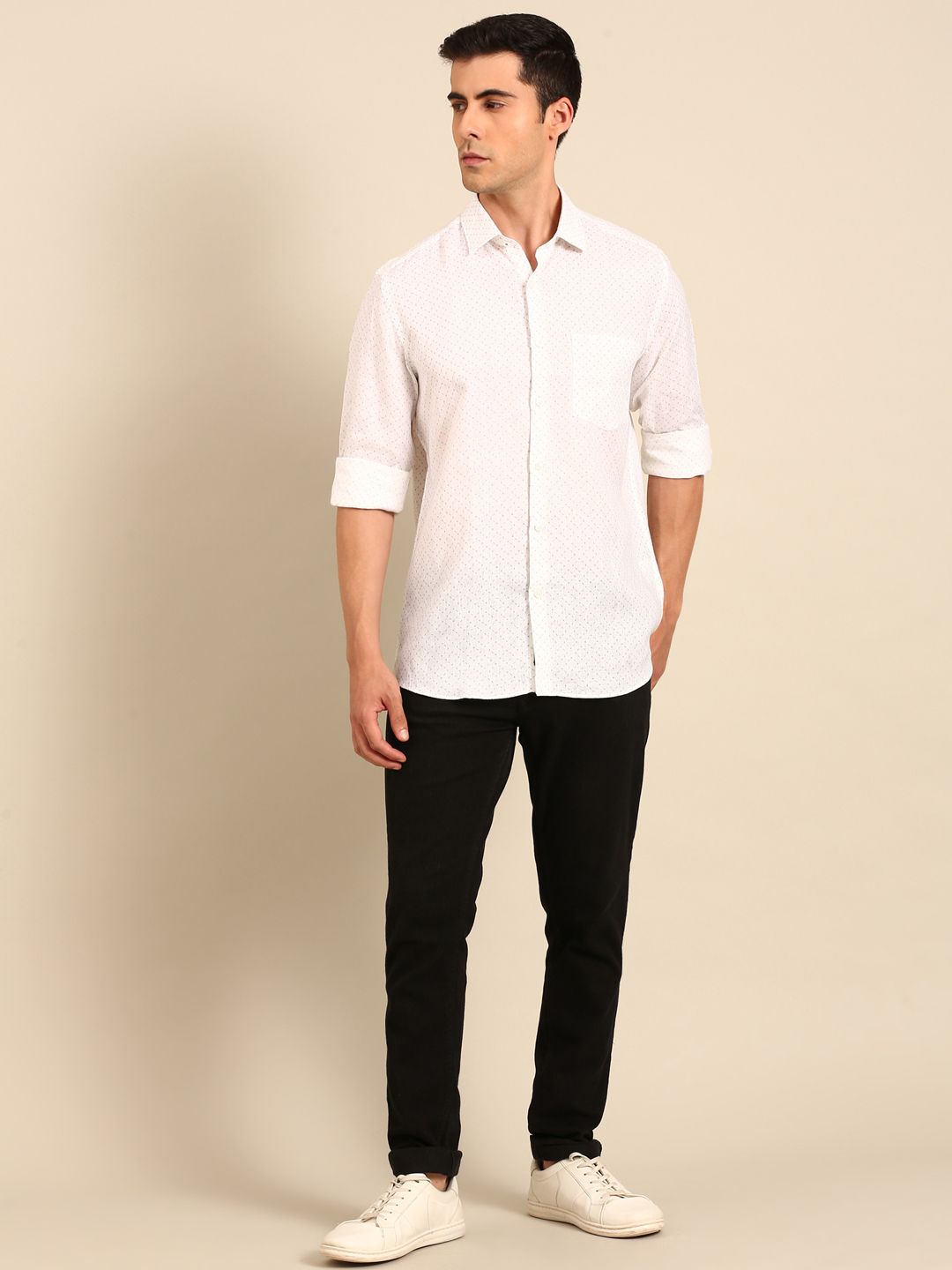 Linen Club Men's Linen Blend White Minimalist Micro Printed Contemporary Fit Full Sleeves Casual Shirt