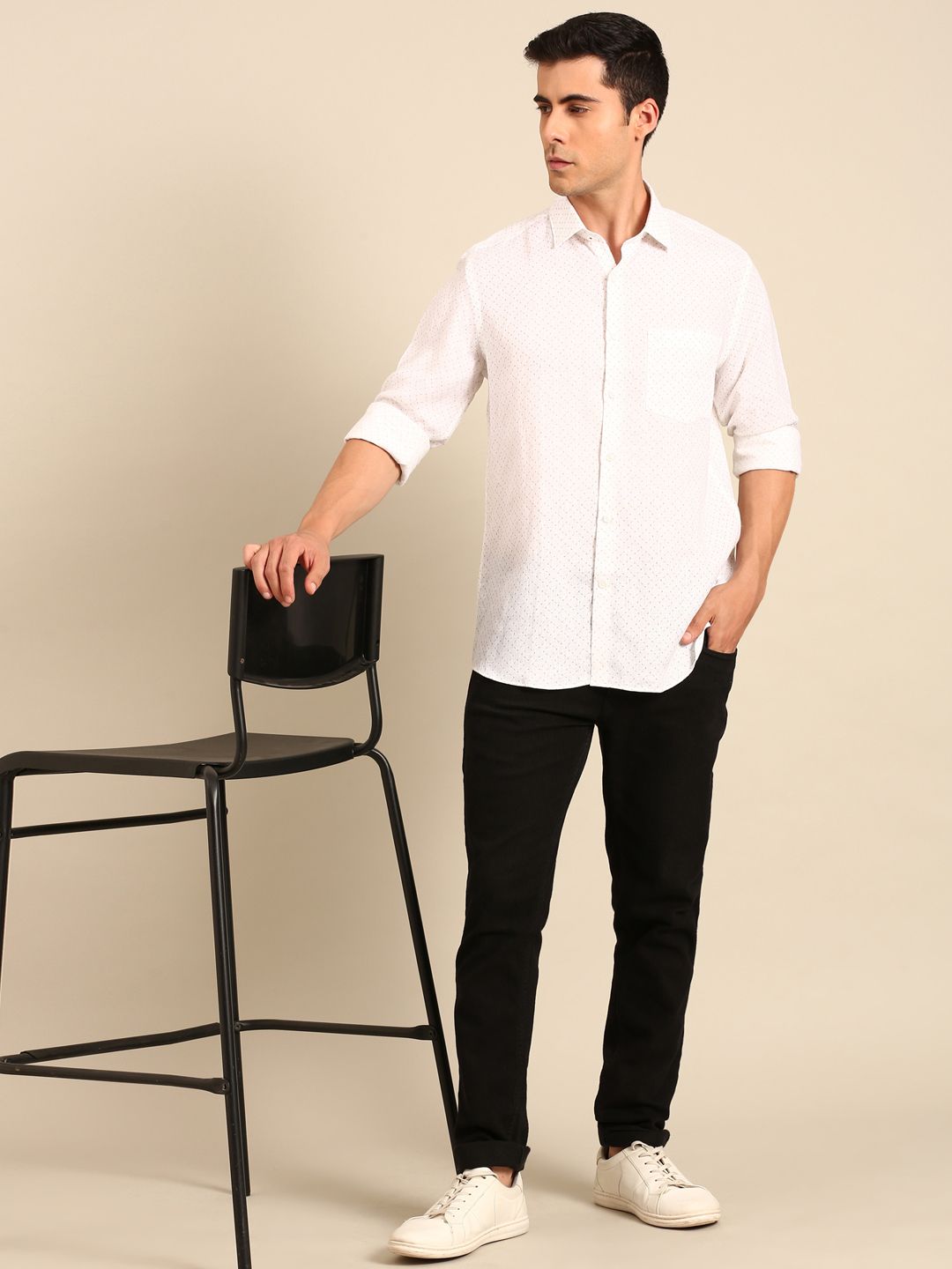 Linen Club Men's Linen Blend White Minimalist Micro Printed Contemporary Fit Full Sleeves Casual Shirt