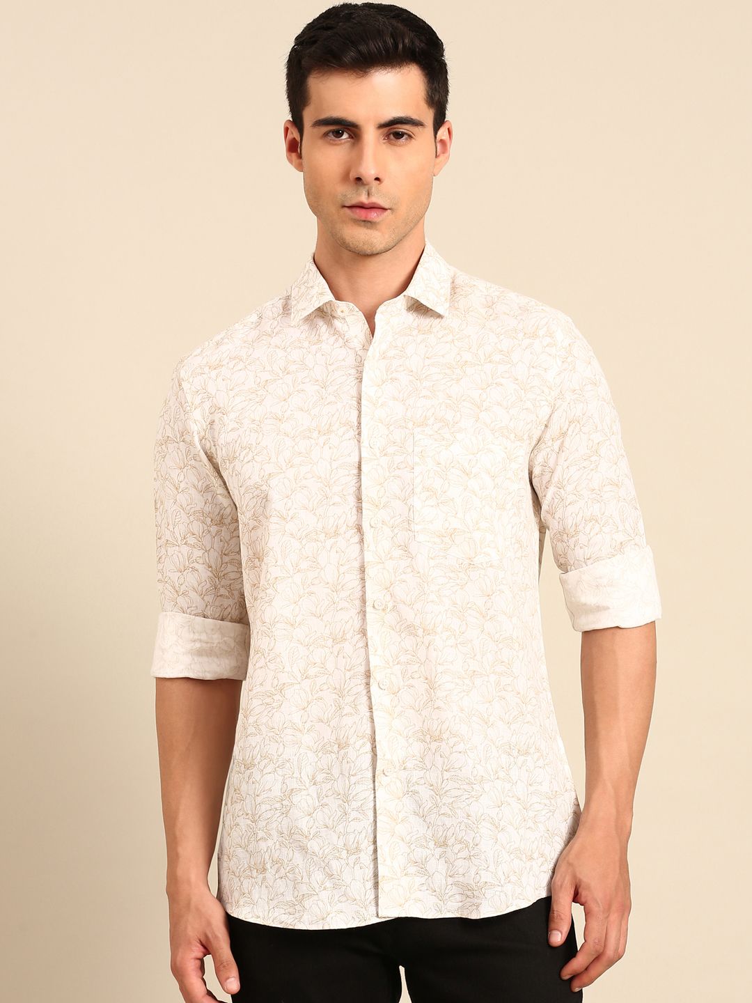 Linen Club Men's Linen Blend Cream Floral Print Contemporary Fit Full Sleeves Casual Shirt