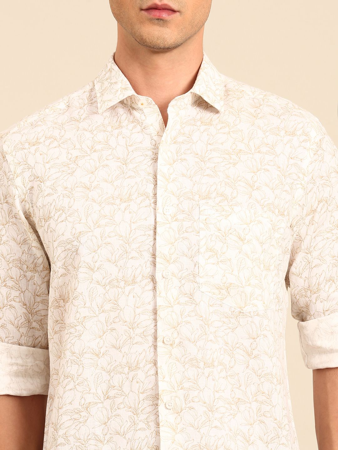 Linen Club Men's Linen Blend Cream Floral Print Contemporary Fit Full Sleeves Casual Shirt