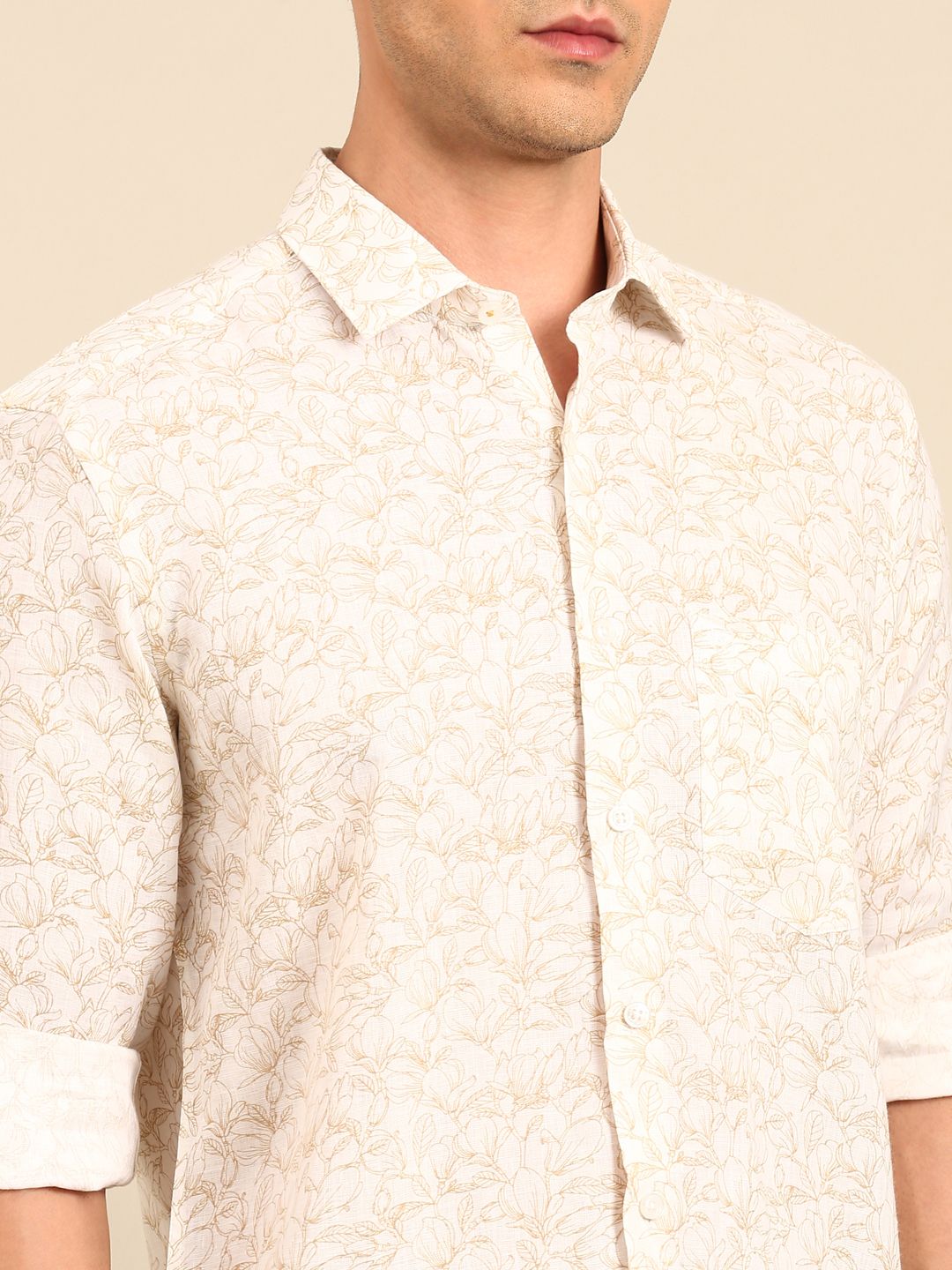 Linen Club Men's Linen Blend Cream Floral Print Contemporary Fit Full Sleeves Casual Shirt