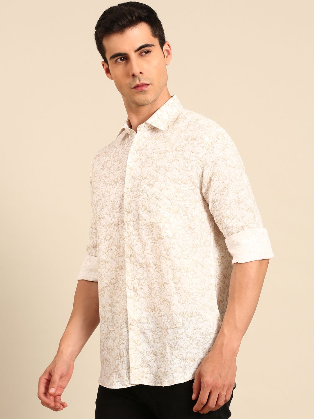 Linen Club Men's Linen Blend Cream Floral Print Contemporary Fit Full Sleeves Casual Shirt