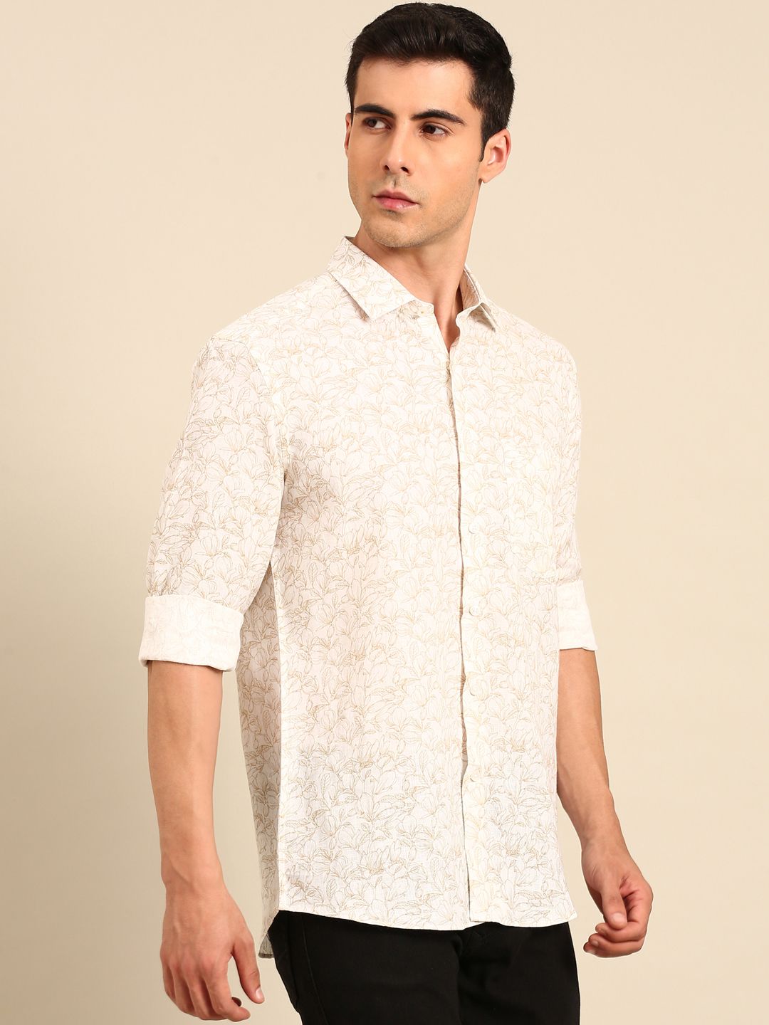 Linen Club Men's Linen Blend Cream Floral Print Contemporary Fit Full Sleeves Casual Shirt