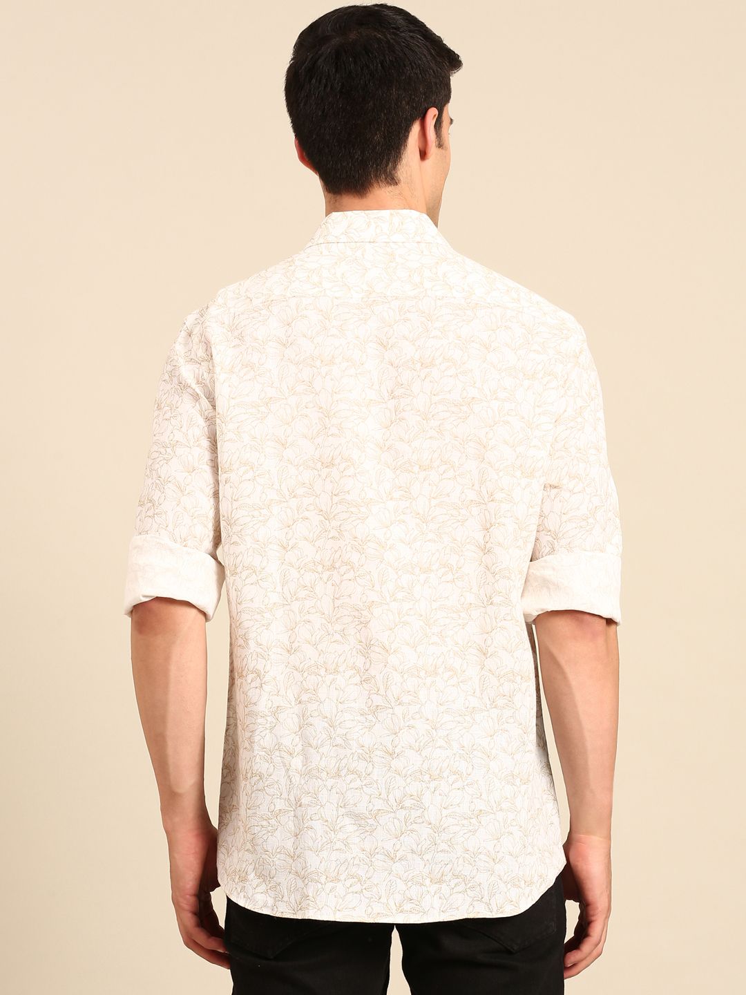Linen Club Men's Linen Blend Cream Floral Print Contemporary Fit Full Sleeves Casual Shirt