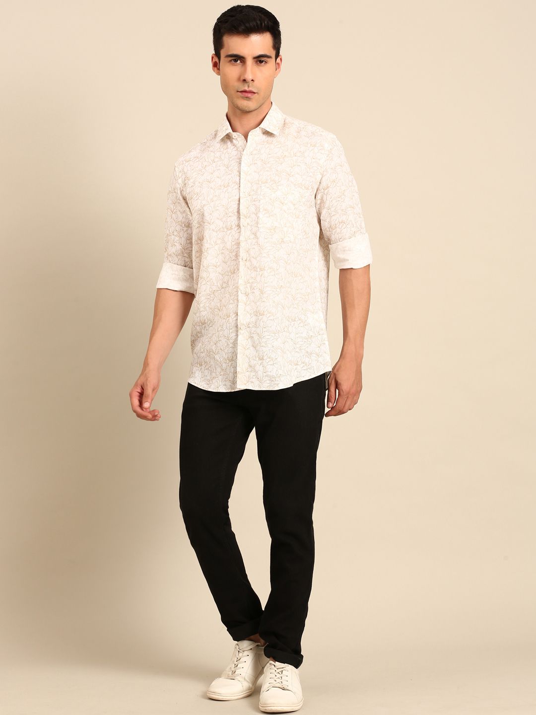 Linen Club Men's Linen Blend Cream Floral Print Contemporary Fit Full Sleeves Casual Shirt