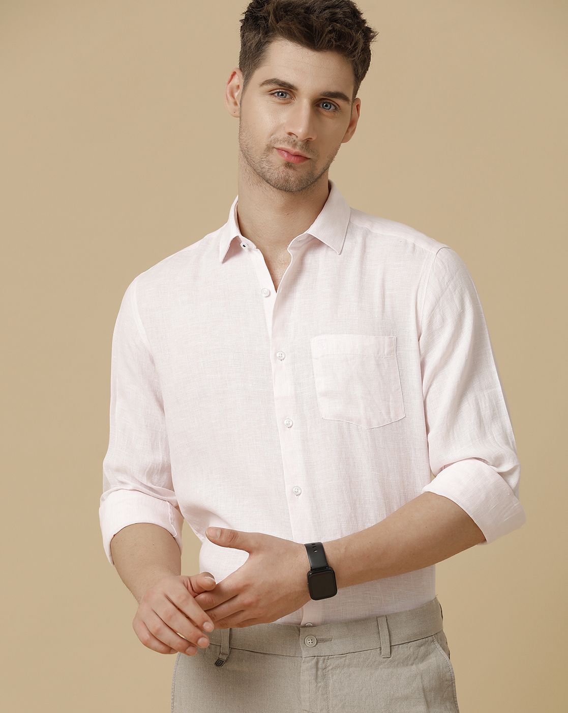 Men's Pure Linen Pink Striped Contemporary Fit Full Sleeve Sleeve Casual Shirt