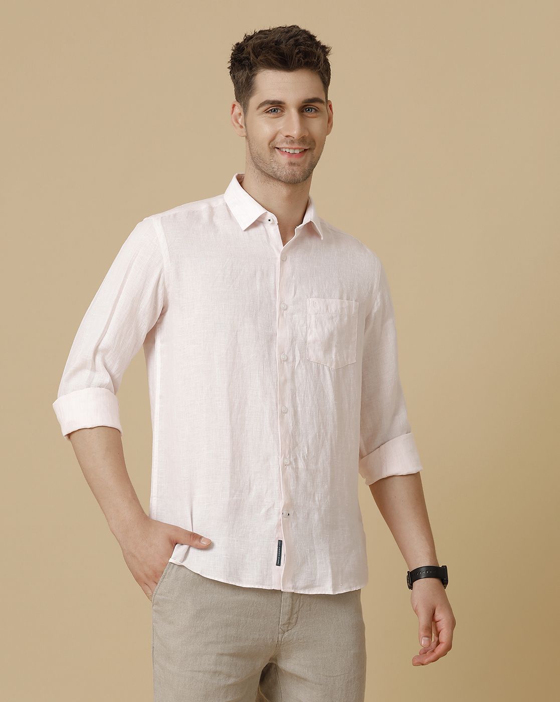 Men's Pure Linen Pink Striped Contemporary Fit Full Sleeve Sleeve Casual Shirt