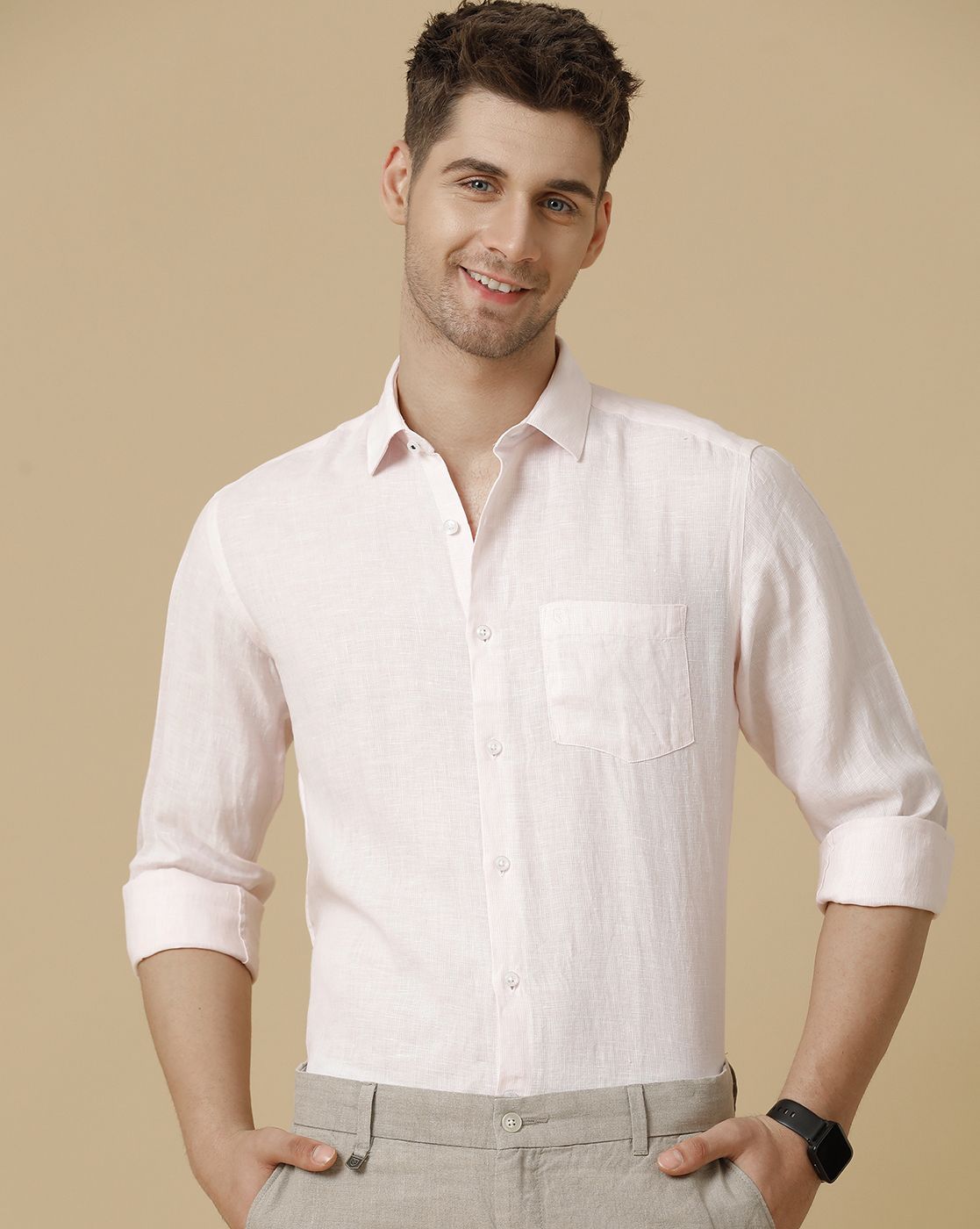 Men's Pure Linen Pink Striped Contemporary Fit Full Sleeve Sleeve Casual Shirt