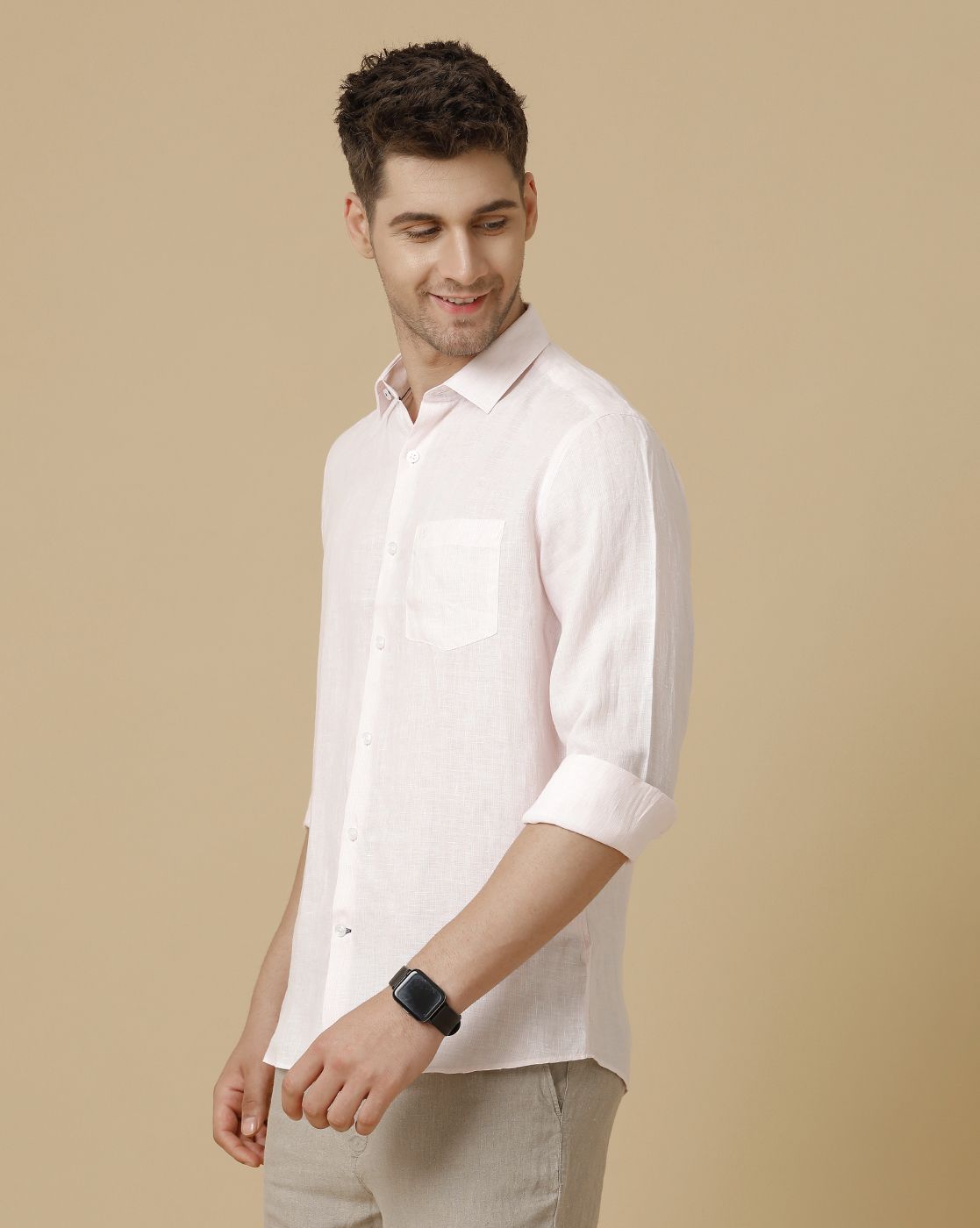 Men's Pure Linen Pink Striped Contemporary Fit Full Sleeve Sleeve Casual Shirt