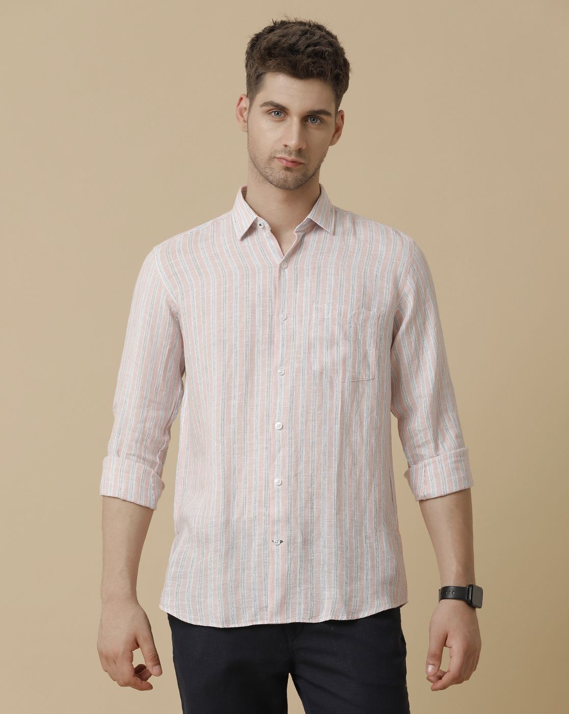 Linen Club Men's Pure Linen Pink Striped Contemporary fit Full sleeve Casual Shirt