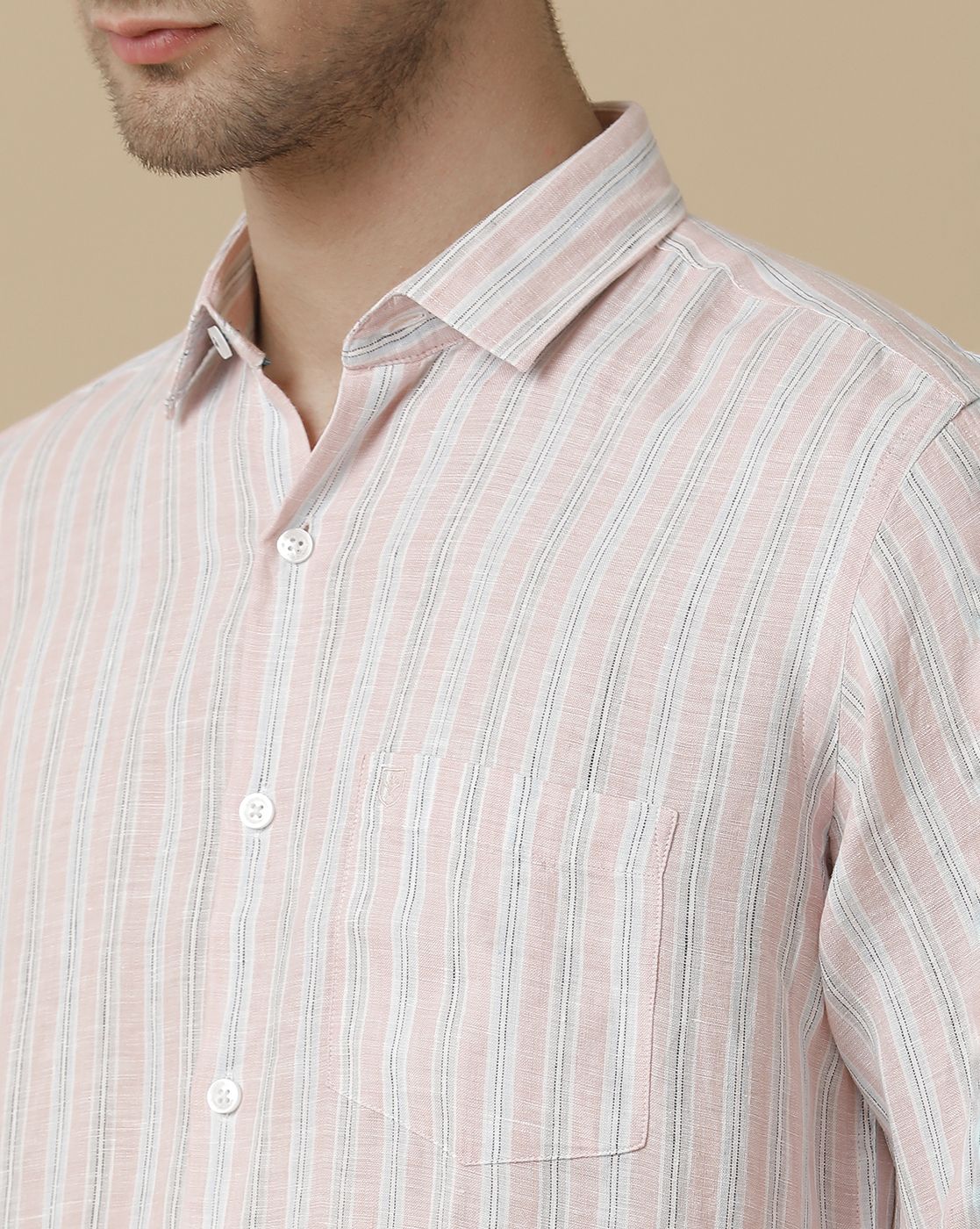 Linen Club Men's Pure Linen Pink Striped Contemporary fit Full sleeve Casual Shirt