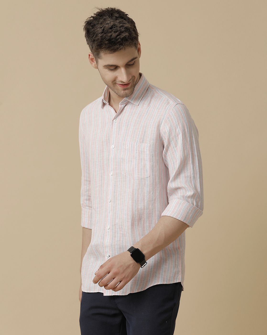 Linen Club Men's Pure Linen Pink Striped Contemporary fit Full sleeve Casual Shirt