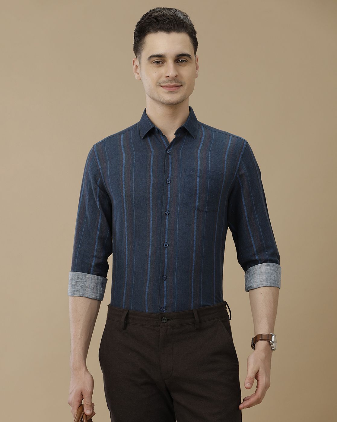 Men's Linen Rich Blue Striped Contemporary Fit Full Sleeve Casual Shirt