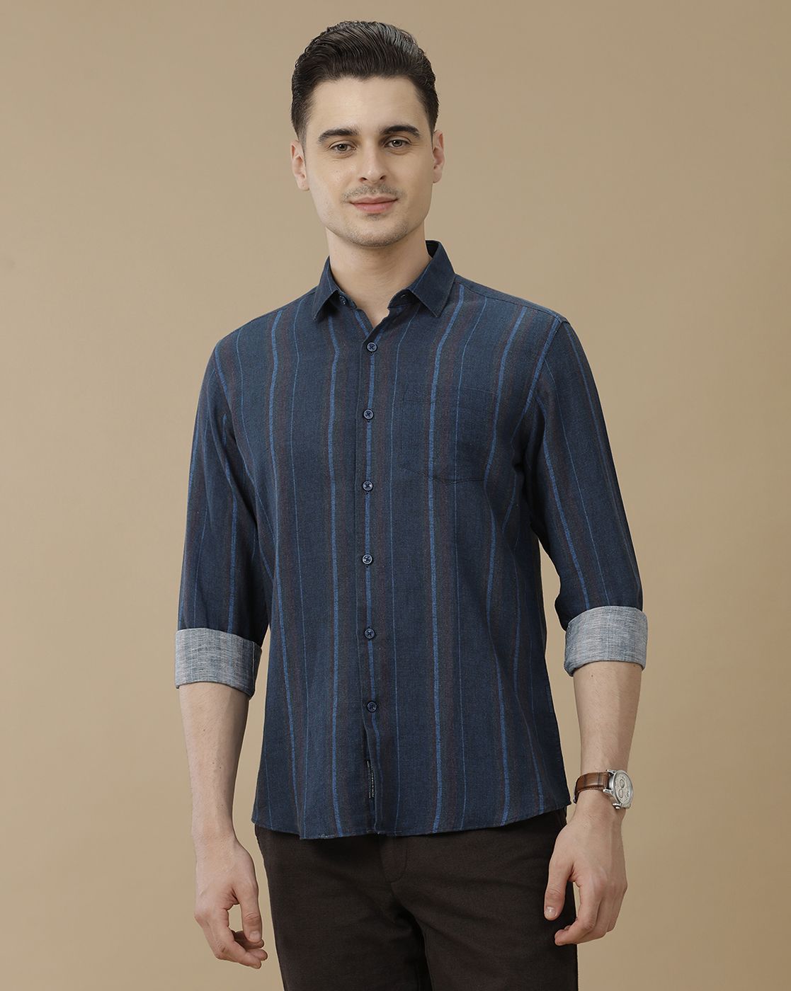 Men's Linen Rich Blue Striped Contemporary Fit Full Sleeve Casual Shirt