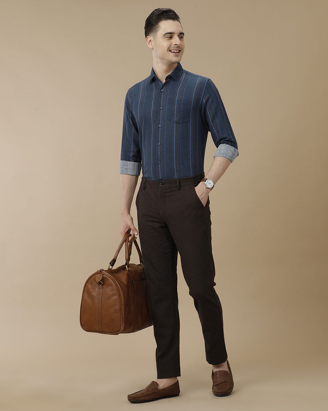 Men's Linen Rich Blue Striped Contemporary Fit Full Sleeve Casual Shirt