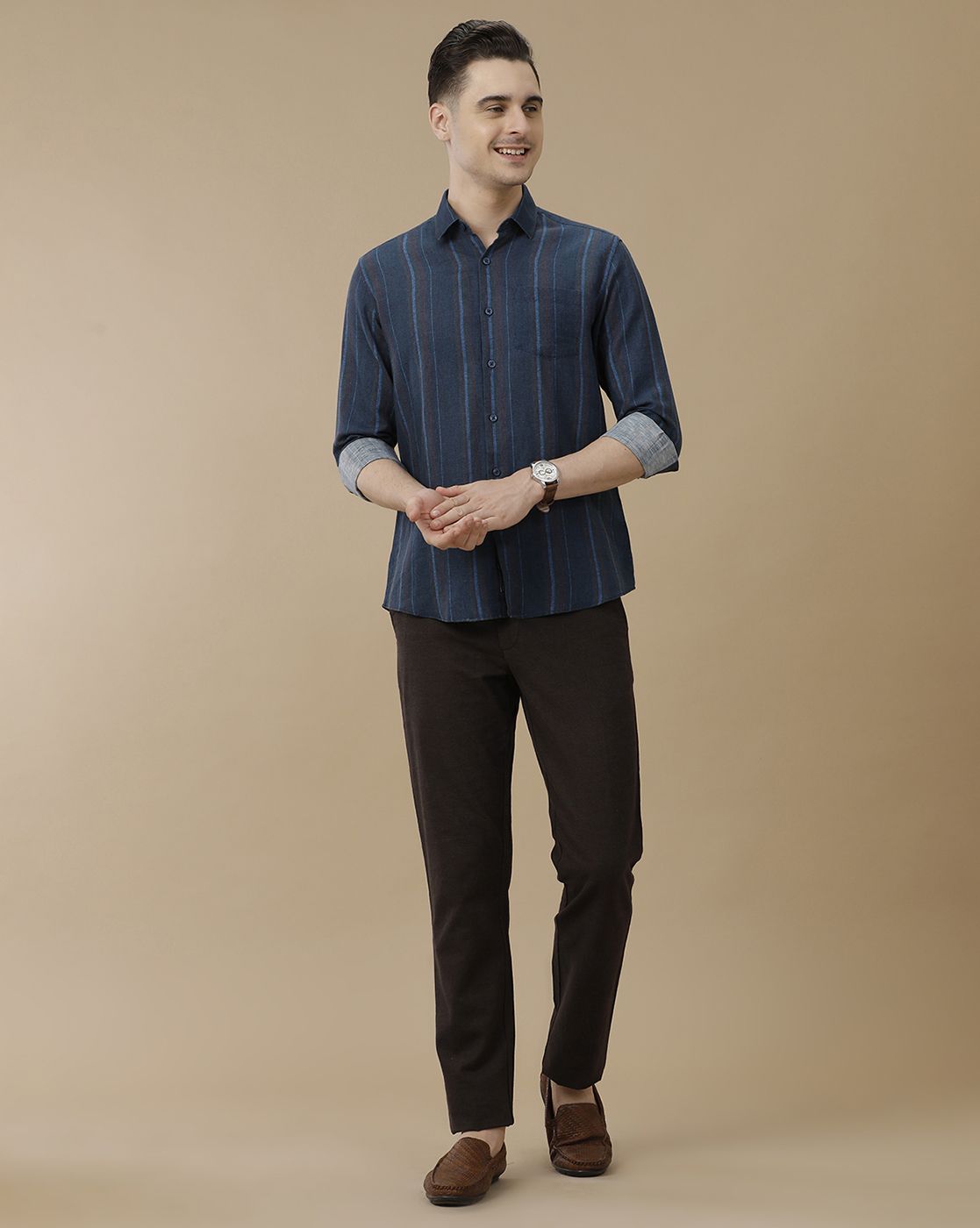 Men's Linen Rich Blue Striped Contemporary Fit Full Sleeve Casual Shirt
