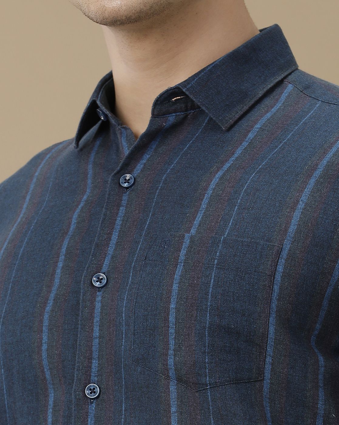 Men's Linen Rich Blue Striped Contemporary Fit Full Sleeve Casual Shirt